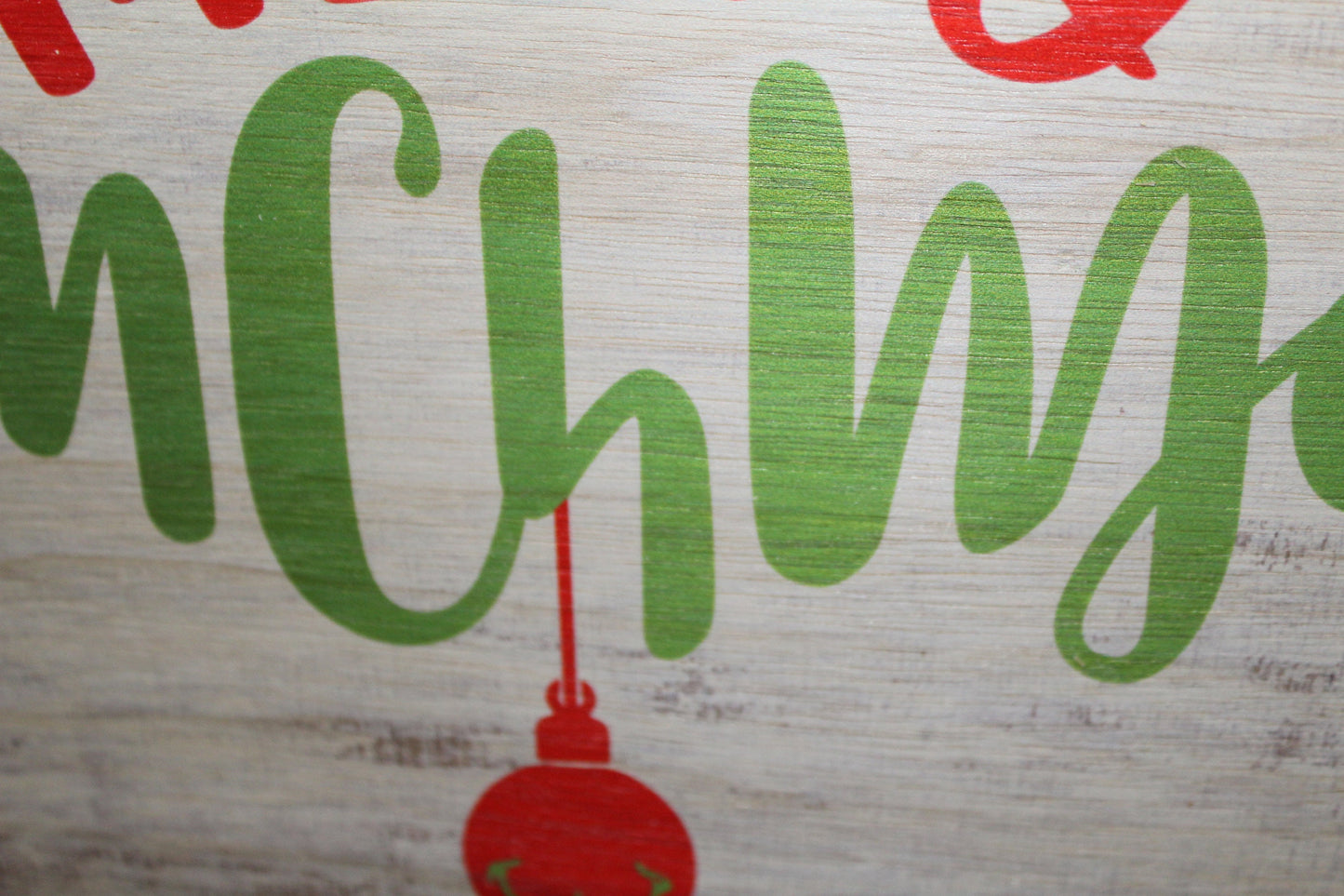 Merry Grinchmas Grinch hand holding ornament Christmas sign rustic white washed wood brown frame made in the USA