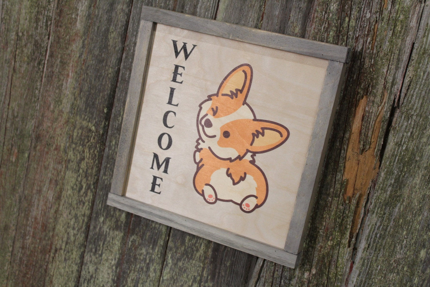 Framed Corgi Welcome Wood Sign Fluffy Butt Winking Dog Welsh Corgi Décor Print Wall Art Decoration Wall Hanging Farmhouse Rustic