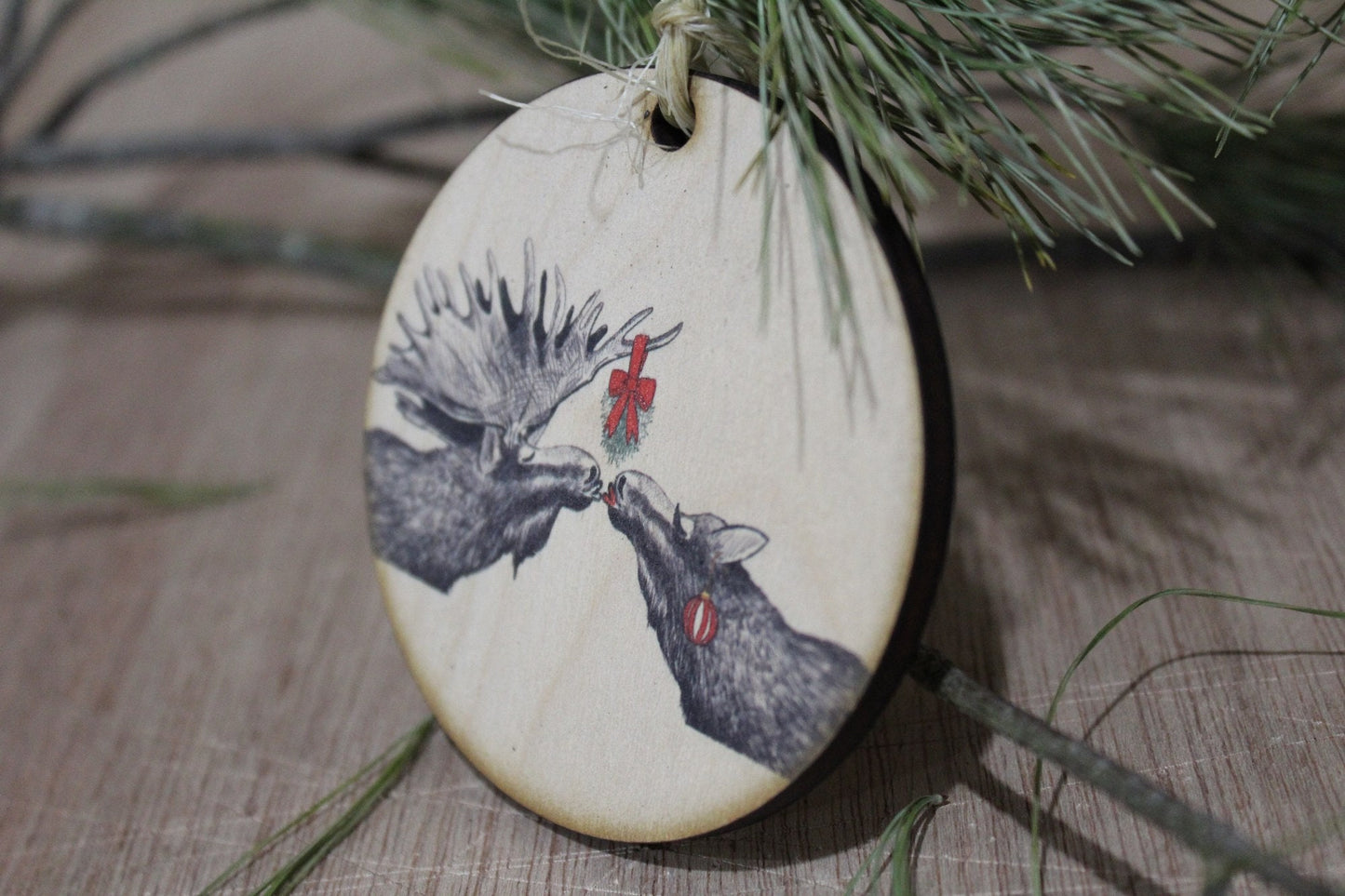 Couple Moose and Bull Christmas Kiss Wood Slice Mistletoe Christmas Mr Mrs Ornament Primitive Face Rustic Tree Printed Antlers Smooch