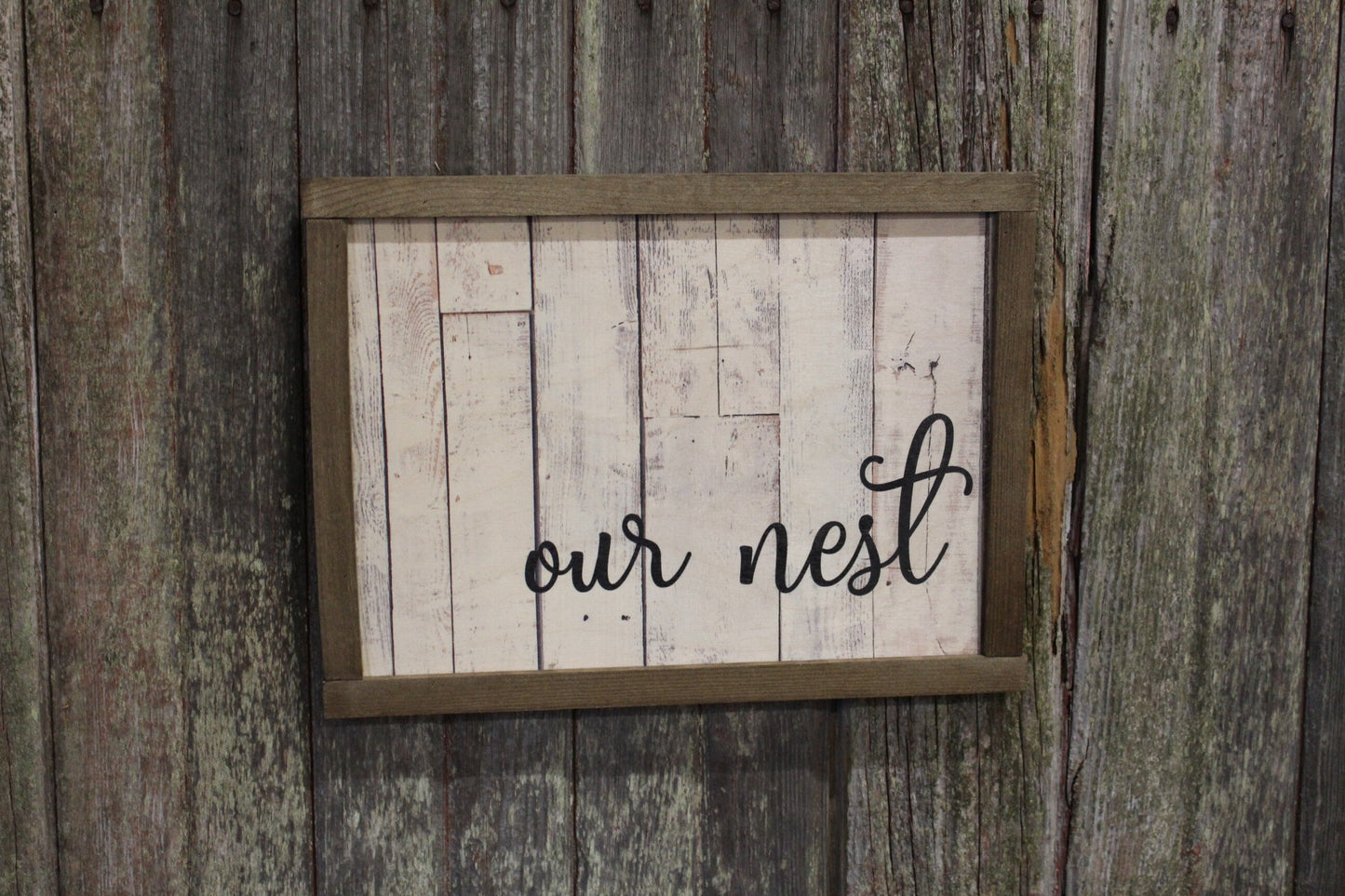 Our Nest Pallet Wood Sign Print Farmhouse Decoration Text House Warming Home Owners Gift Barn Wood Frame Wall Art White Shiplap Script