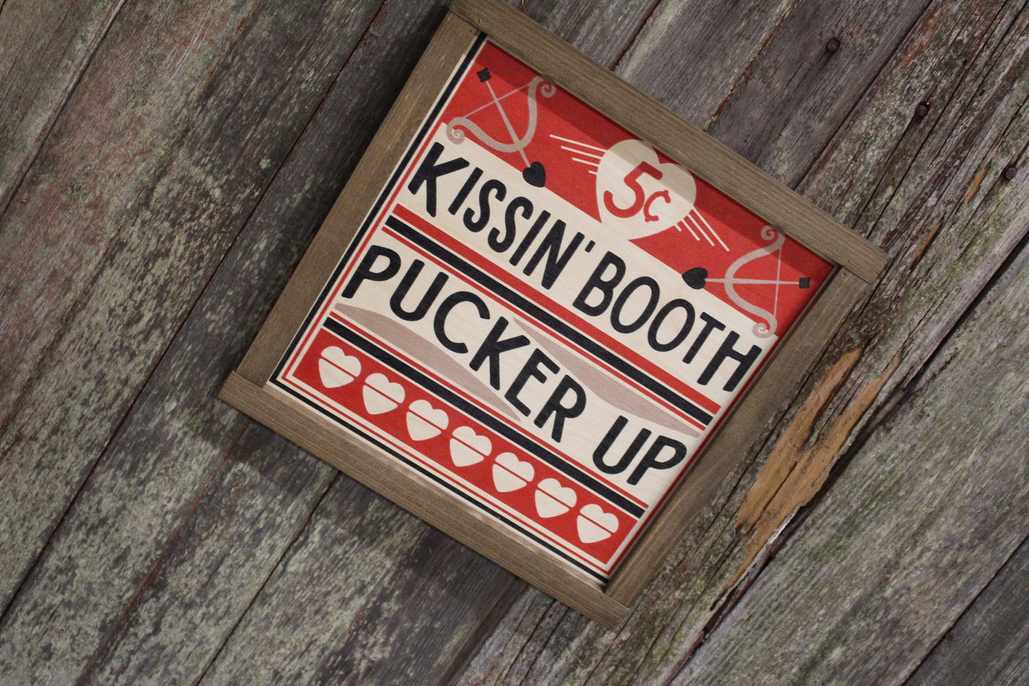 Kissin' Booth Wood Sign Pucker Up Valentines Day Hearts Red Love Kissing Brown Framed Print Wall Art Farmhouse Primitive Rustic Cupids Arrow