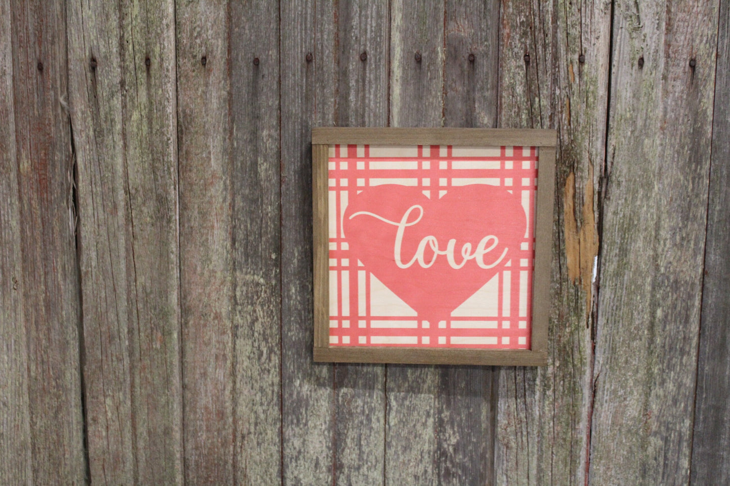 Valentines Wood Sign Love Plaid Valentines Day Hearts Red Pink Brown Framed Print Wall Art Farmhouse Primitive Rustic