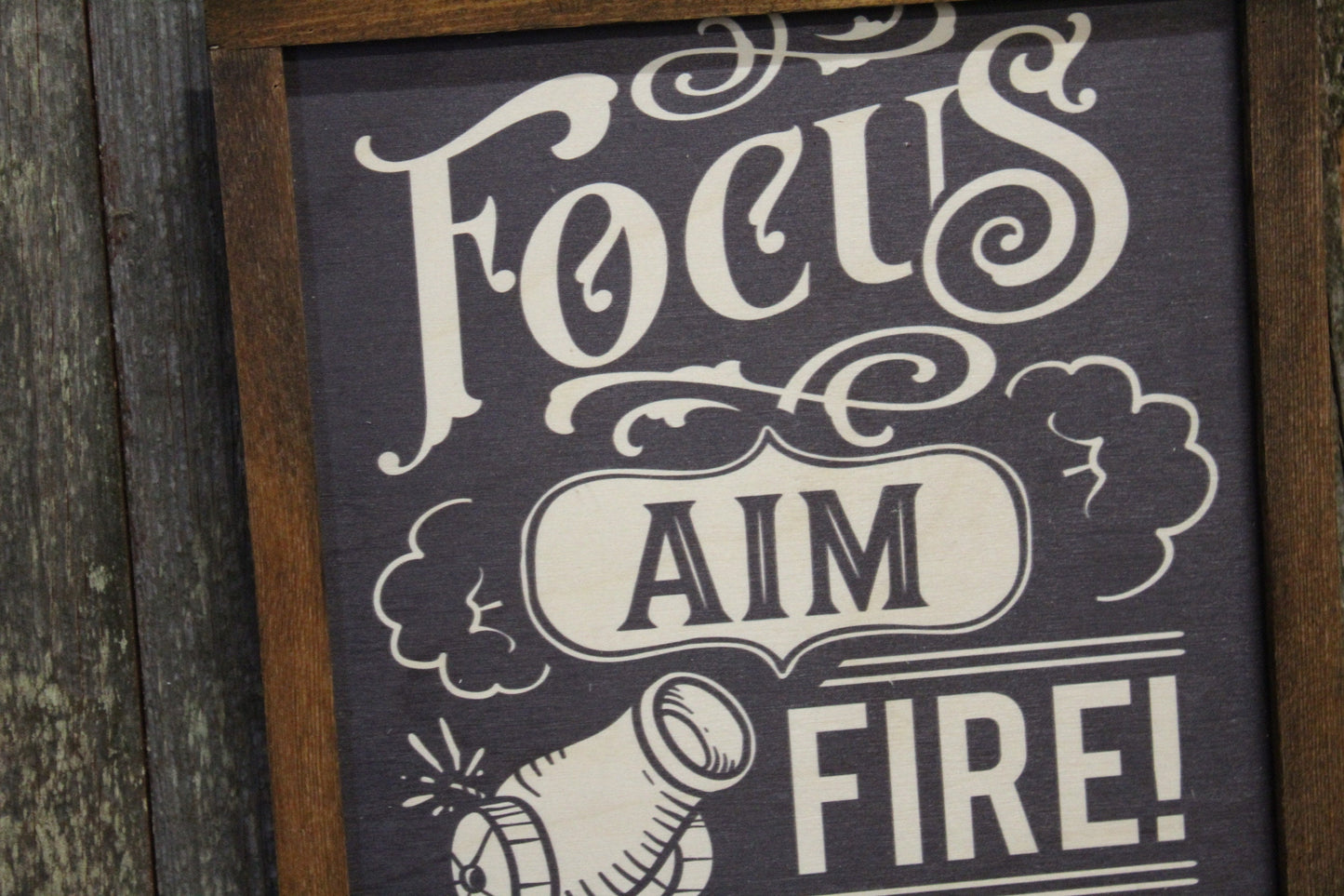 Focus Aim Fire Bathroom Wood Sign Canon Half Bath Wall Art Wall Hanging Farmhouse Rustic Shiplap Funny Humor Retro Scroll Clean Wash