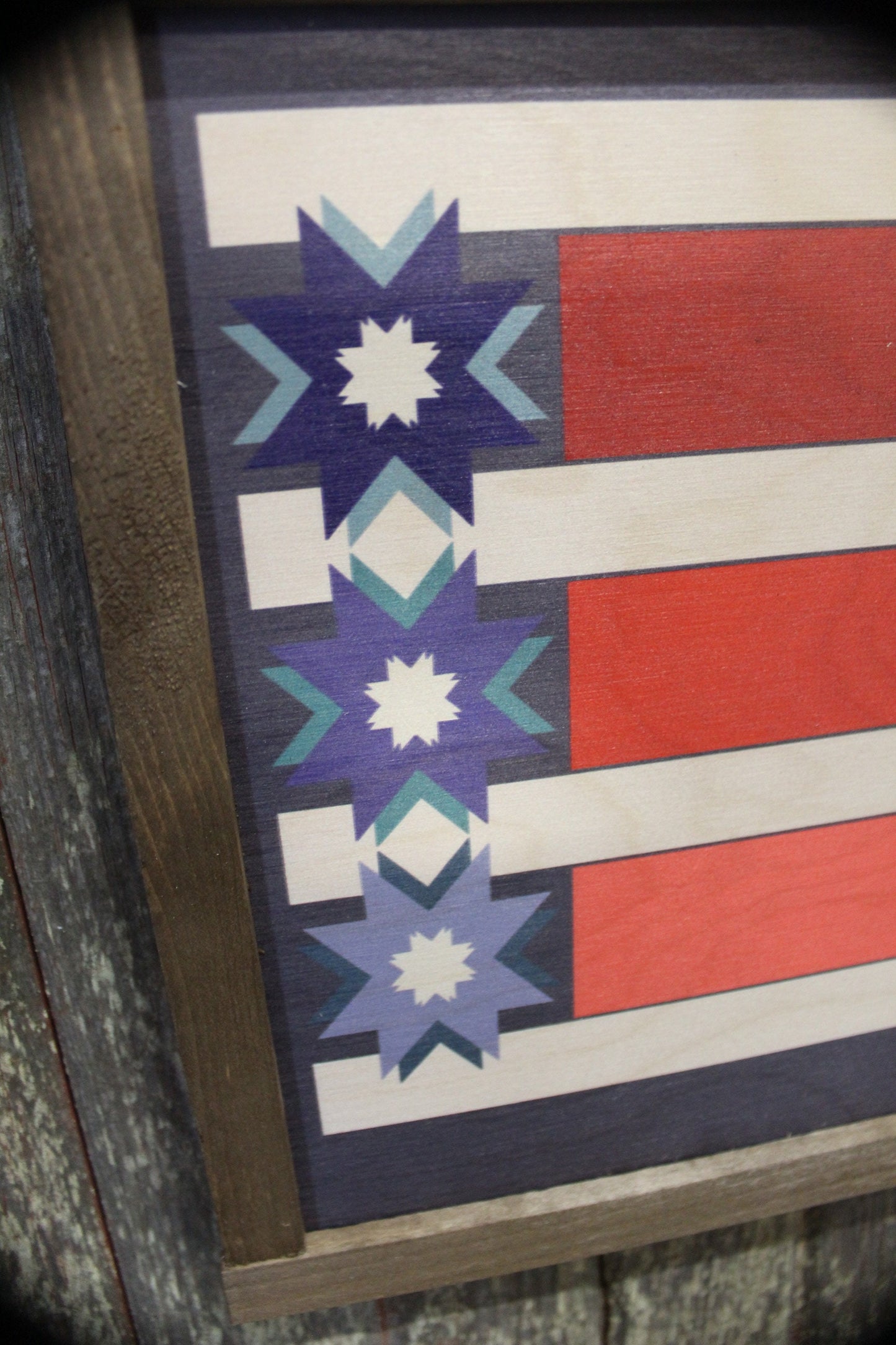 Patriotic Barn Quilt Wood Sign Red White Blue Stripe Stars Country Brown Framed Print Wall Art Farmhouse Primitive Rustic