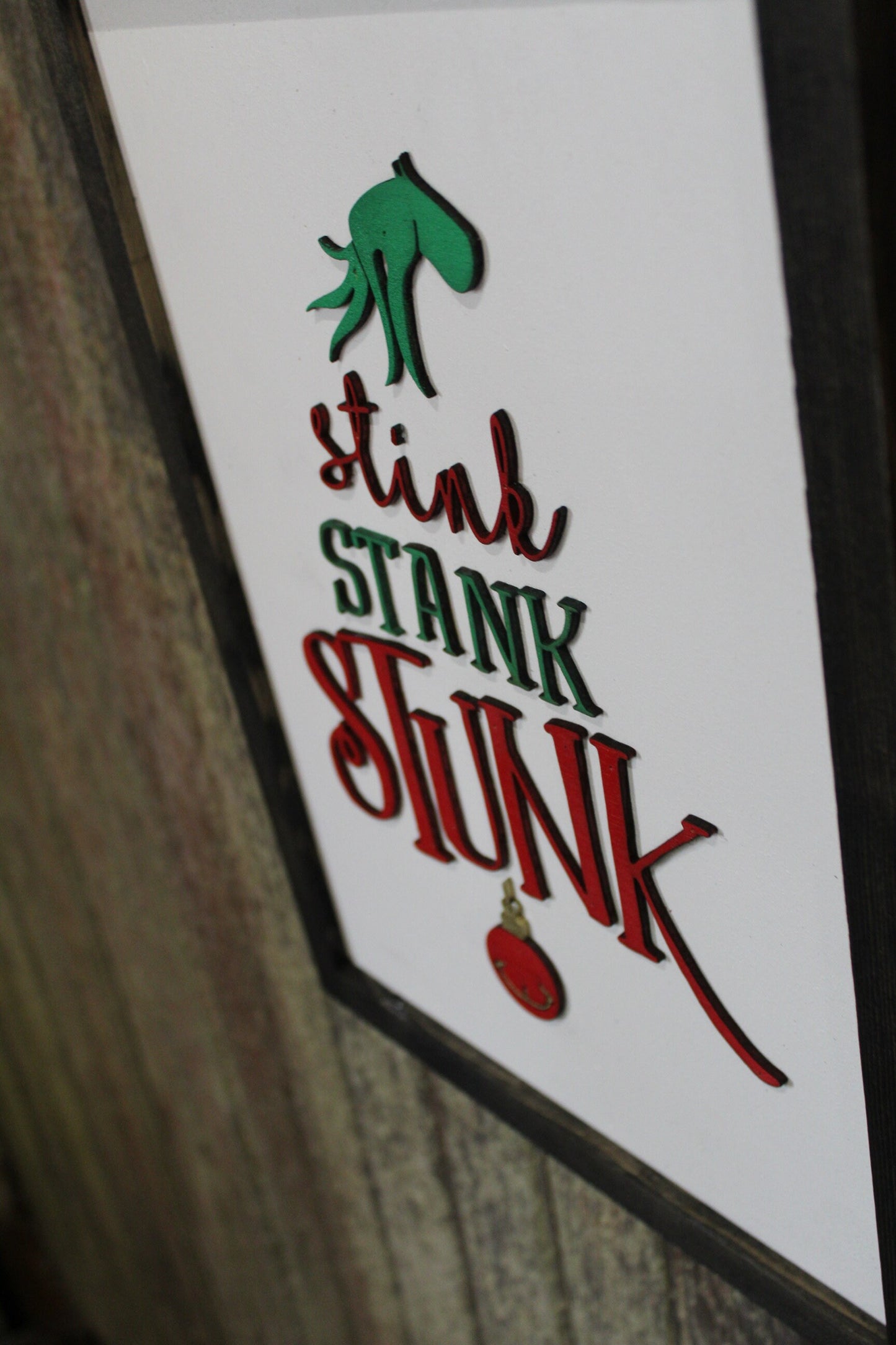 Stink Stank Stunk Sign Raised 3D Wood Mean One Christmas Décor Decoration Wall Art Farmhouse Rustic Primitive Fingers Smile Hand Festive