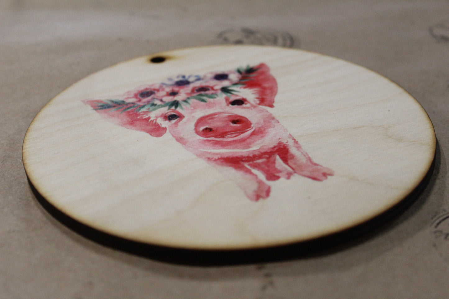 Pig Floral Wreath Crown Piglet Ornament Baby Flowers Face Ears Spots Wall Hanging Tree Rustic Farmhouse Wood