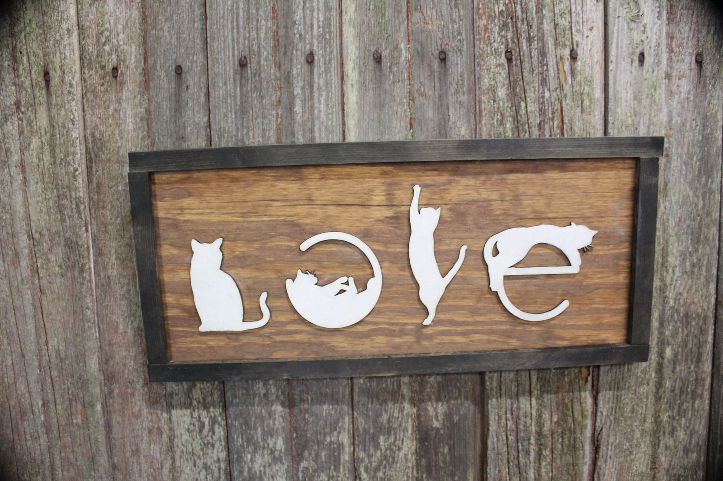 Love Spelled with Kittens Cats Cat Silhouette Pet Rustic Primitive Cat Lover Gift Wood Sign 3D Raised Image White Brown Frame Decoration