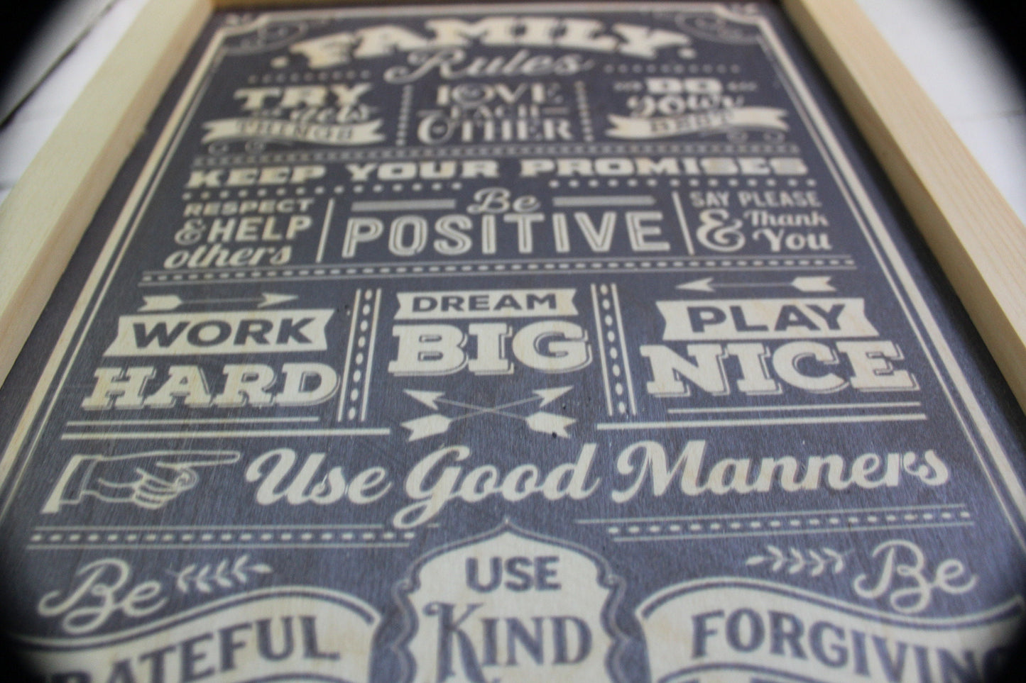 Family Rules Wood Sign Primitive Thank You Grateful Kind Positive Forgiving Wall Hanging Decoration Rustic Never Give Up Love Respect