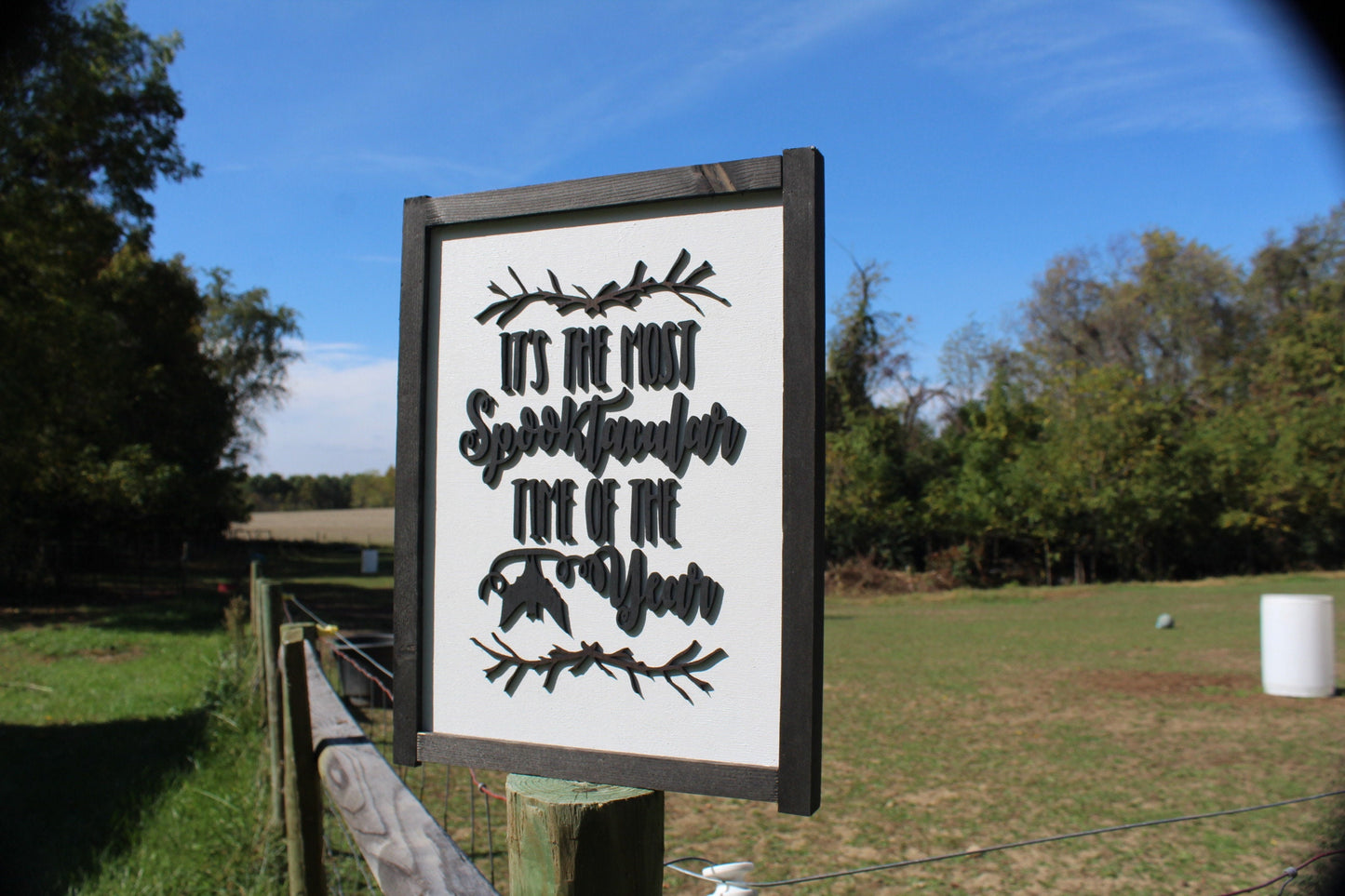 Halloween Spooky Season Spooktacular Sign Time Year Black and White Sticks Bats Chic Cursive Words Sayings Framed 3D Lettering Sticks Wood