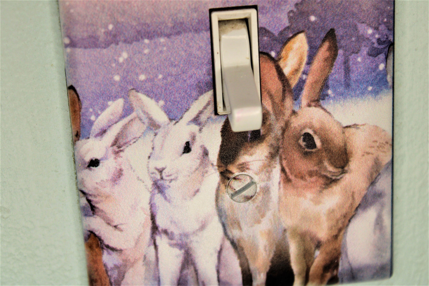 rabbit hare bunny winter snow durable custom printed painted light switch cover plate in color living room unique nursery bedroom