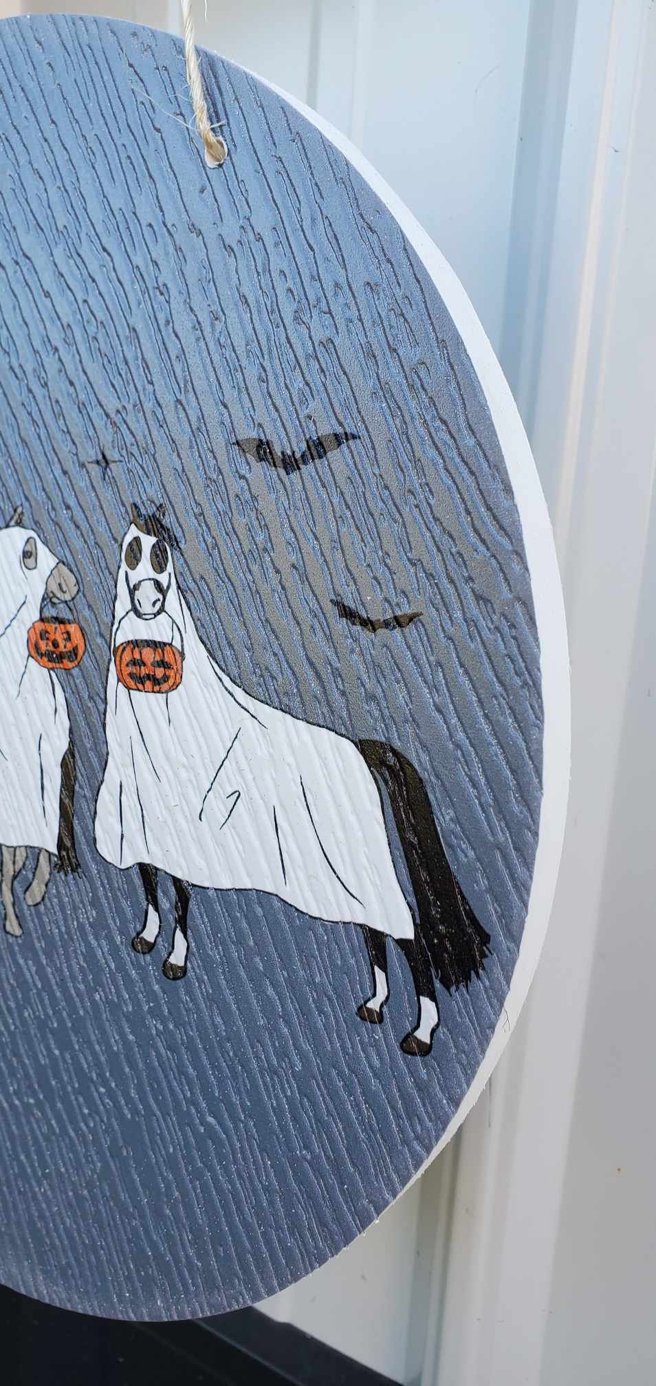 Halloween Ghosts Horses Farm Dress Up Trick or Treat PVC Weather Proof Ultraviolet Ink Doorhanger Outdoor Use Happy Mare Horse Lovers