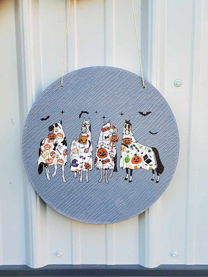 Horse Ghost Bats Pumpkin Halloween Dress Up Trick or Treat PVC Weather Proof Ultraviolet Ink Doorhanger Outdoor Use Happy Mare Horse Lovers