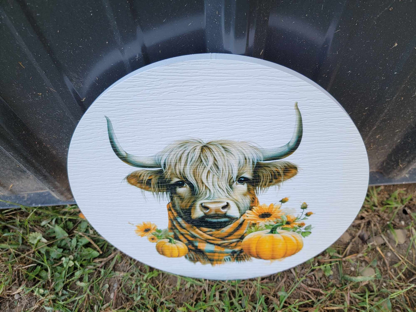 Cow Furry Highland Sign Printed Cow Lovers Porch Pumpkin Autumn Gourd PVC Weatherproof Ultraviolet Ink Doorhanger Outdoor Use