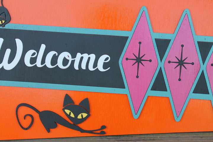 Welcome MCM Mid Century Modern Retro Cat Vintage Groovy Cultural Decade Swinging Bright Fun Diamond 3D Raised Handmade Wood Sign Decor