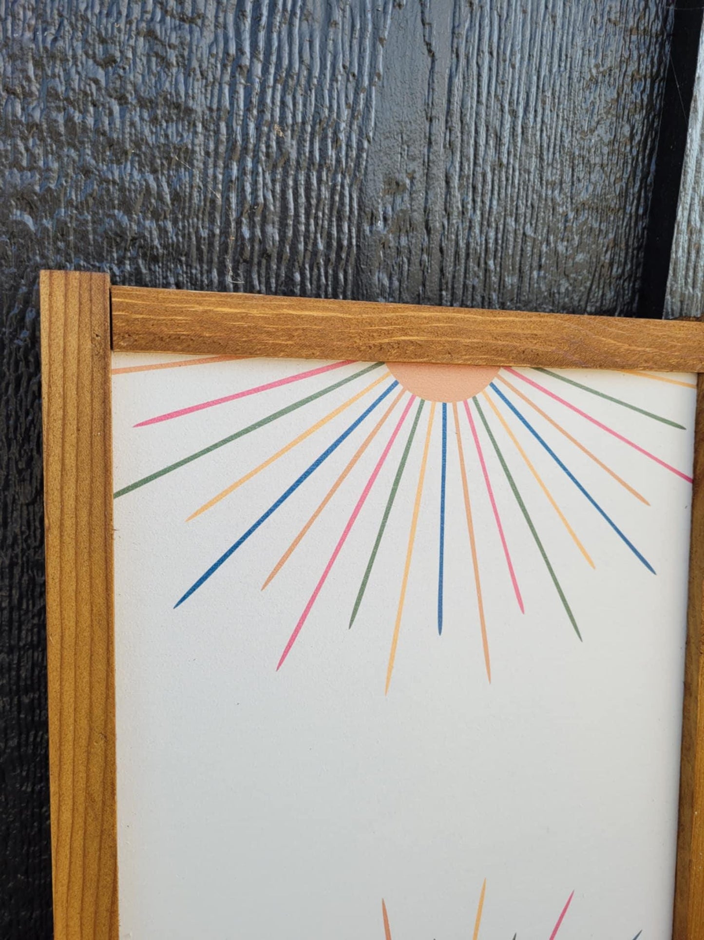 Rainbow Sun Wood Sign UV Framed Cute Colorful Pink Minimalistic Country Sunshine Blue Yellow Primitive Framed Wall Hanging Kids Girls Decor