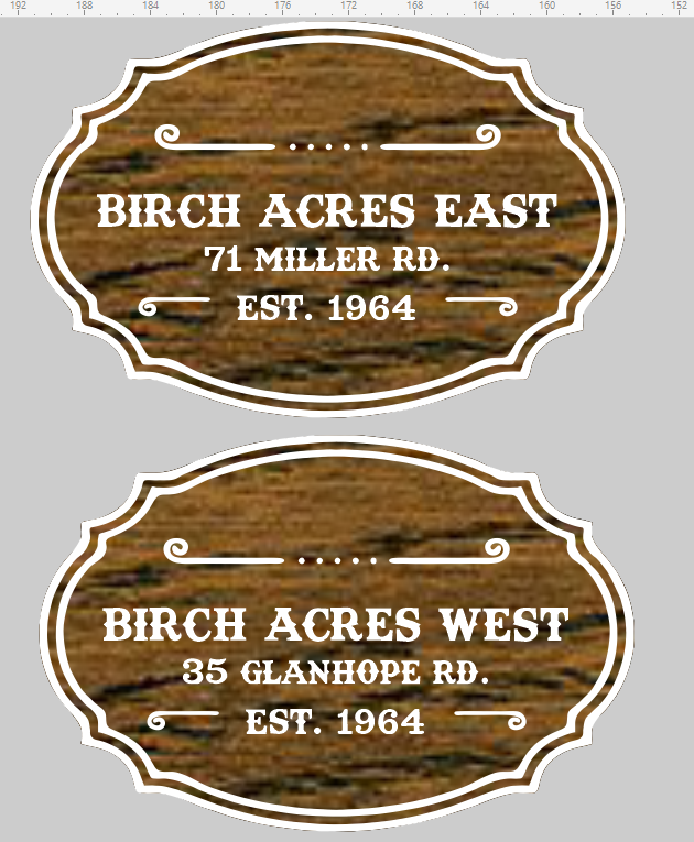 2 Custom Raised Text Signs for  Birch Acres Co-Op