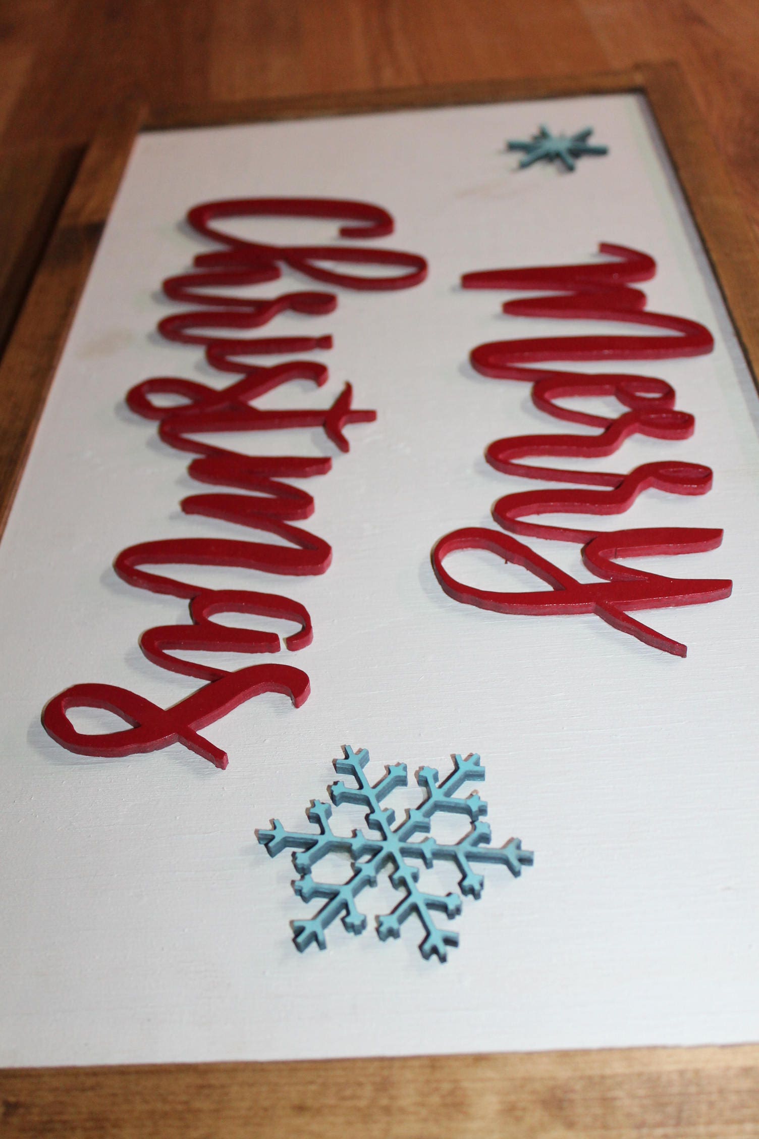 Raised Text Sign Merry Christmas Snowflakes Wood Decoration Winter 3D Red Blue Framed Seasonal Primitive