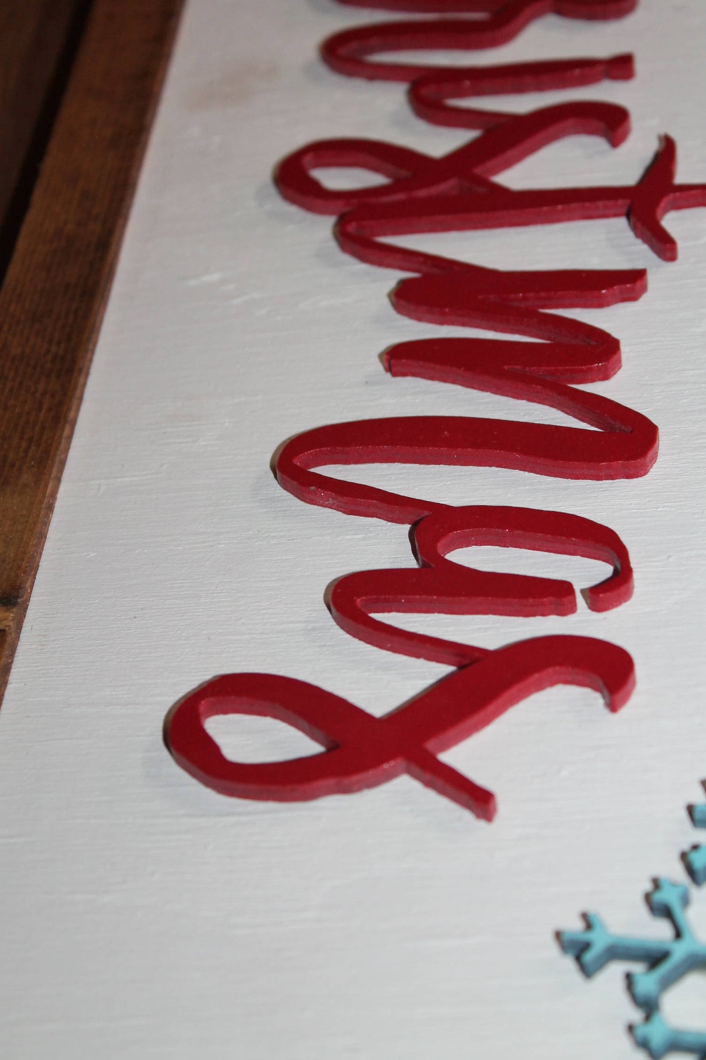 Raised Text Sign Merry Christmas Snowflakes Wood Decoration Winter 3D Red Blue Framed Seasonal Primitive