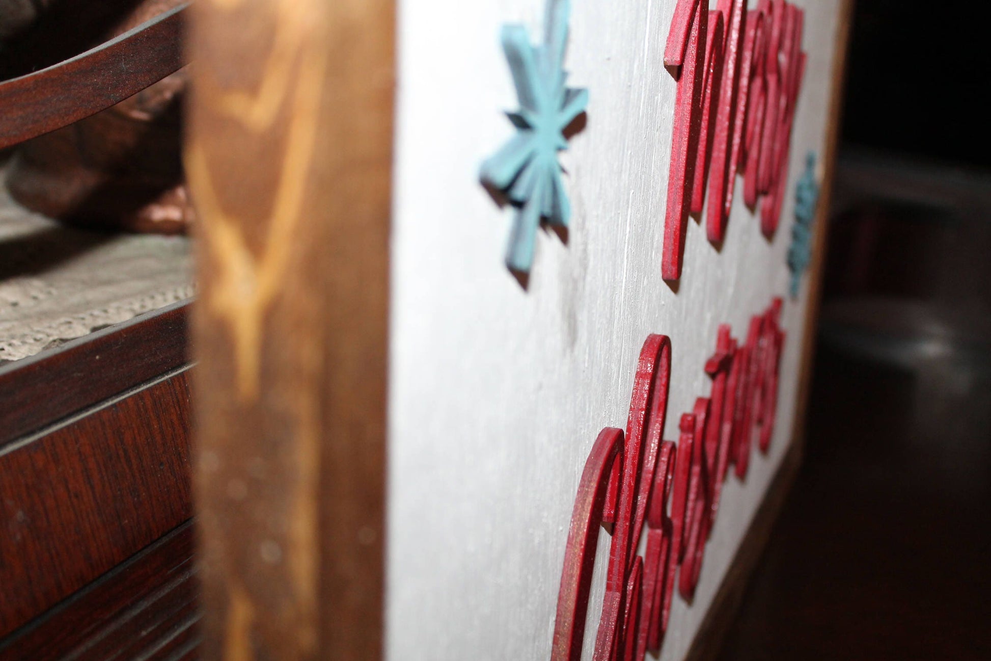 Raised Text Sign Merry Christmas Snowflakes Wood Decoration Winter 3D Red Blue Framed Seasonal Primitive