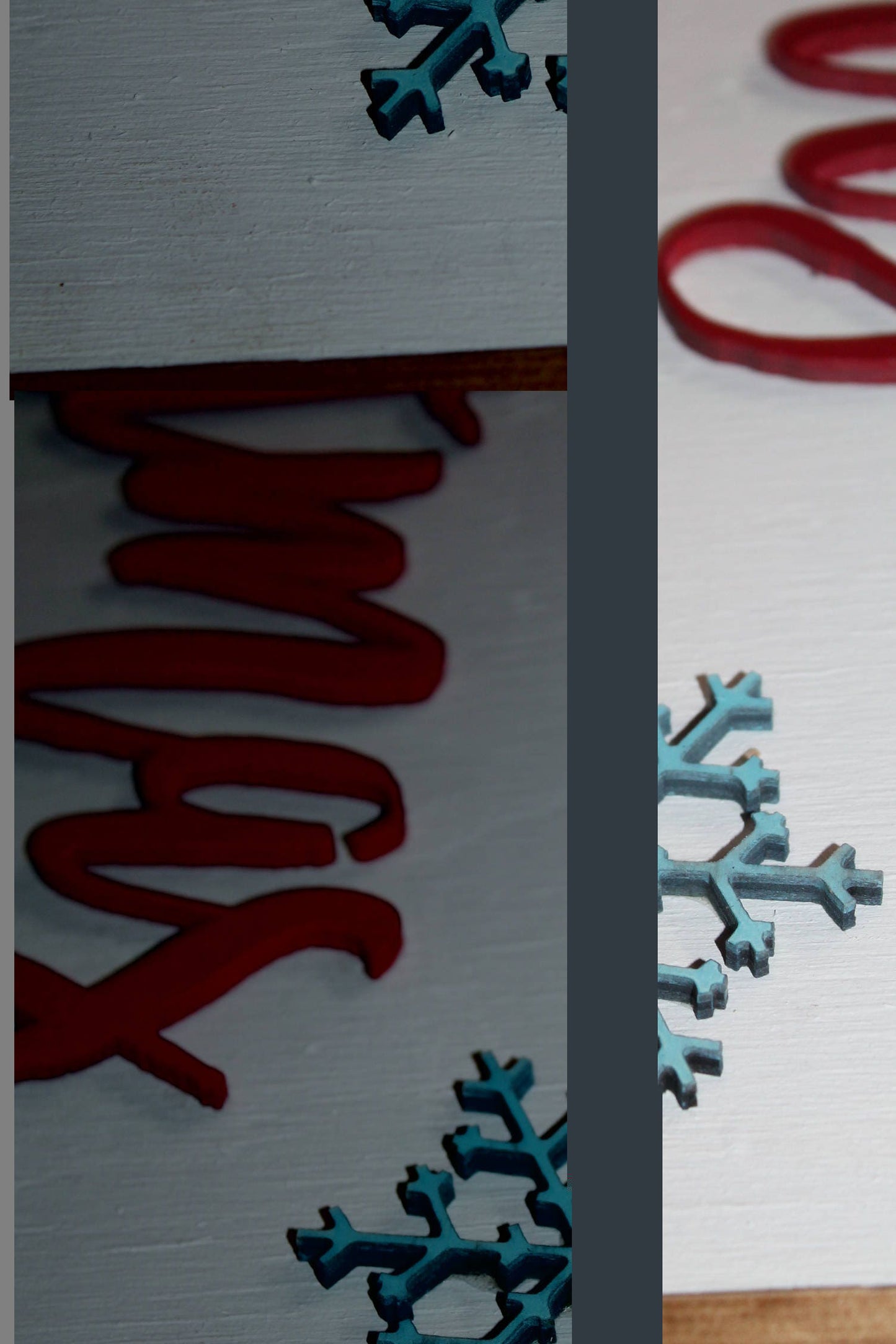 Raised Text Sign Merry Christmas Snowflakes Wood Decoration Winter 3D Red Blue Framed Seasonal Primitive