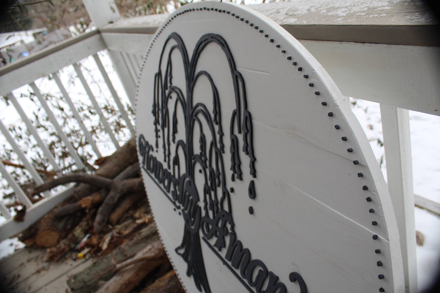 Hanging business sign custom shop plaque, your logo graphic or personalized on white solid wood outdoor indoor shabby chic office