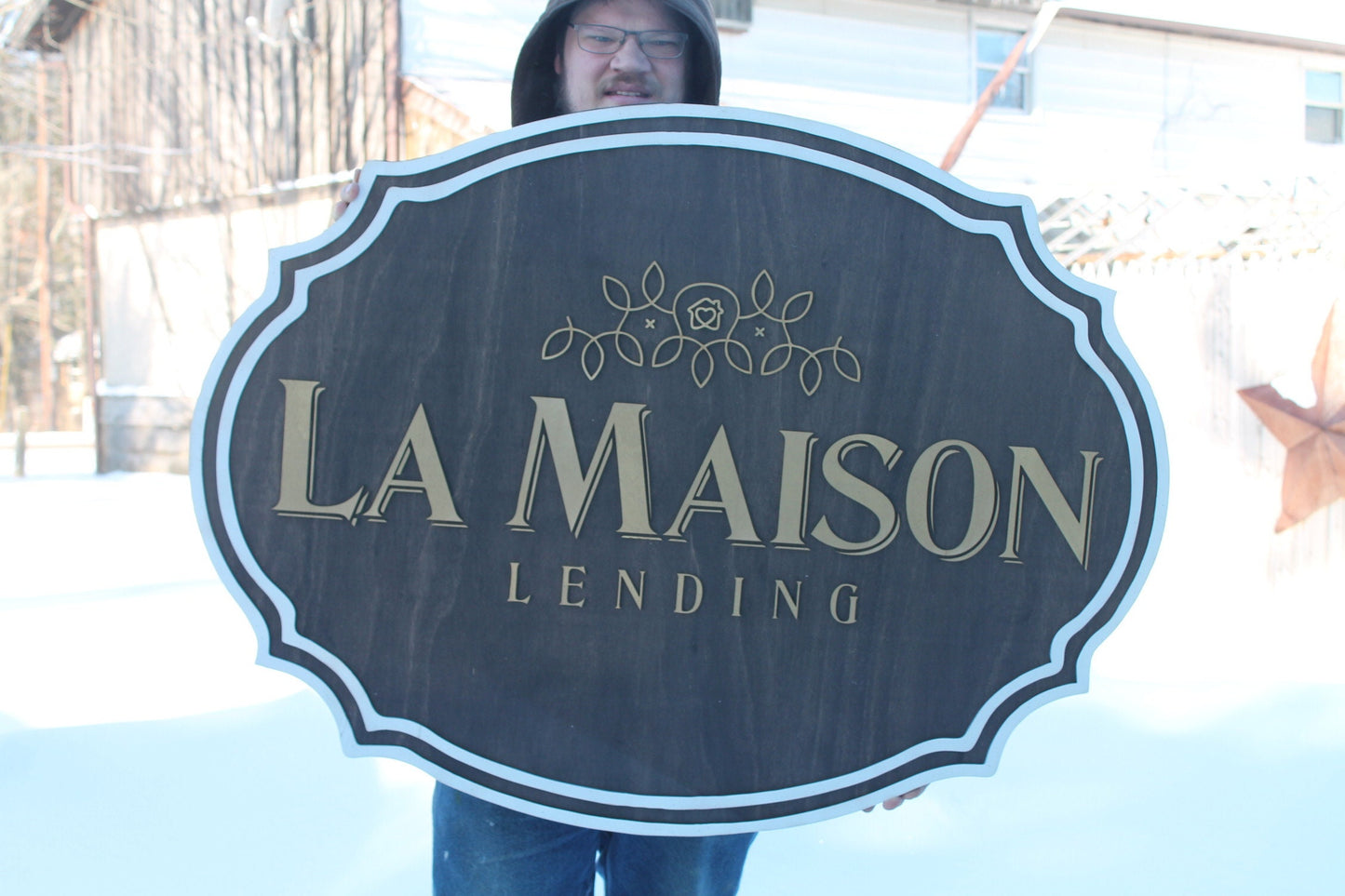 large wood sign, Financial, Banking, Lending, Mortgage Broker Business Sign, Oval, Raised Text, Custom, Small Business Laser Cut, Wood,