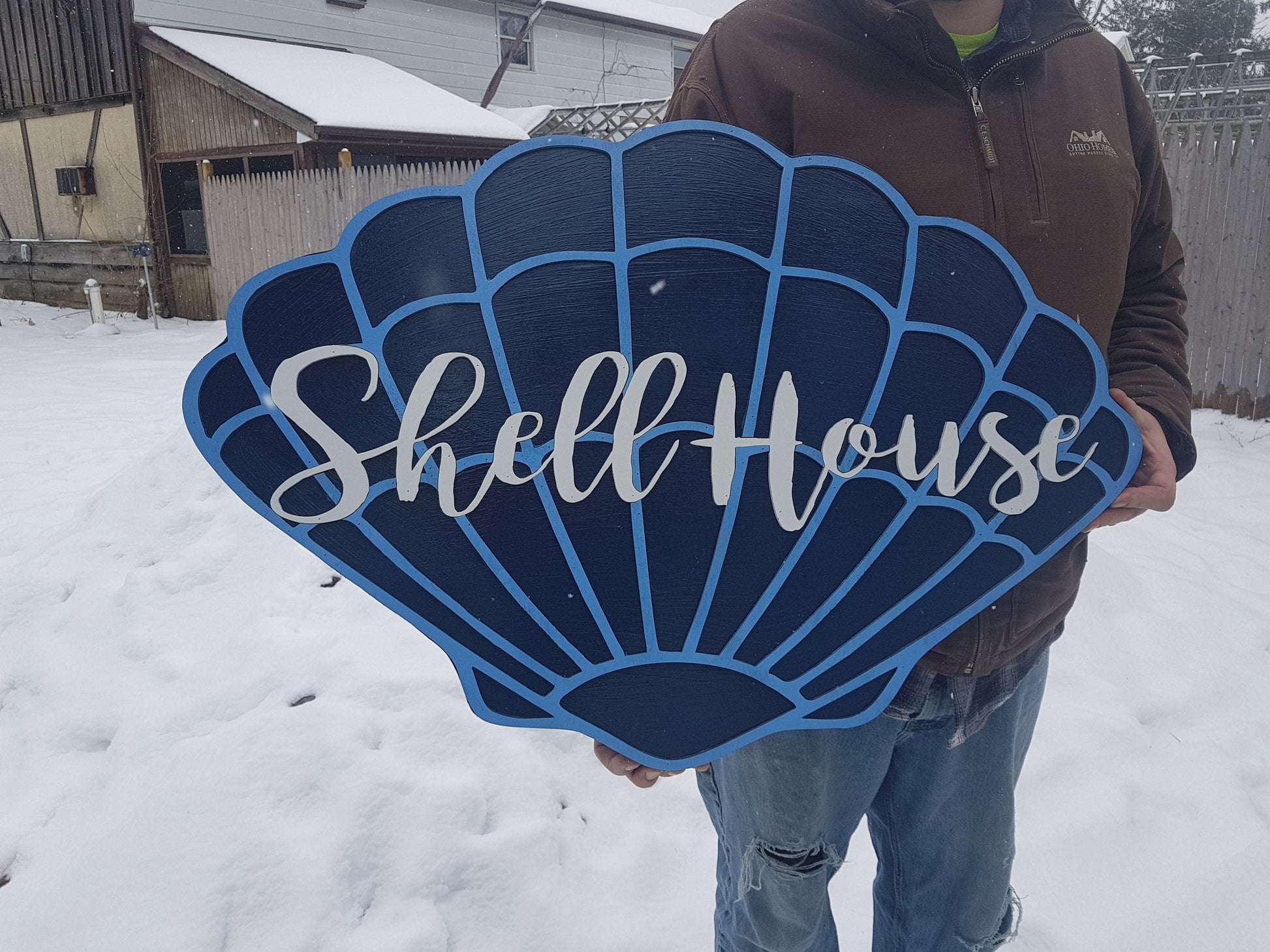 Custom Beach Wood Sign Shell Contour Ocean Nautical Sign Address Sign Raised Text Graphic 3D Large wood sign Commercial signage