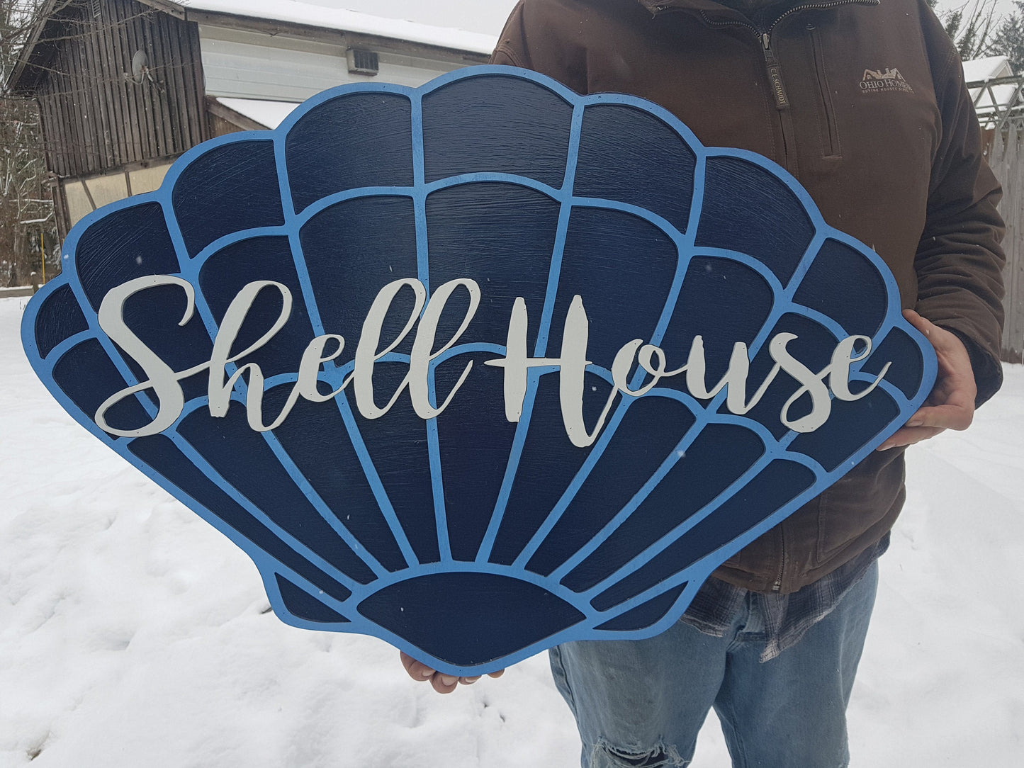 Custom Beach Wood Sign Shell Contour Ocean Nautical Sign Address Sign Raised Text Graphic 3D Large wood sign Commercial signage