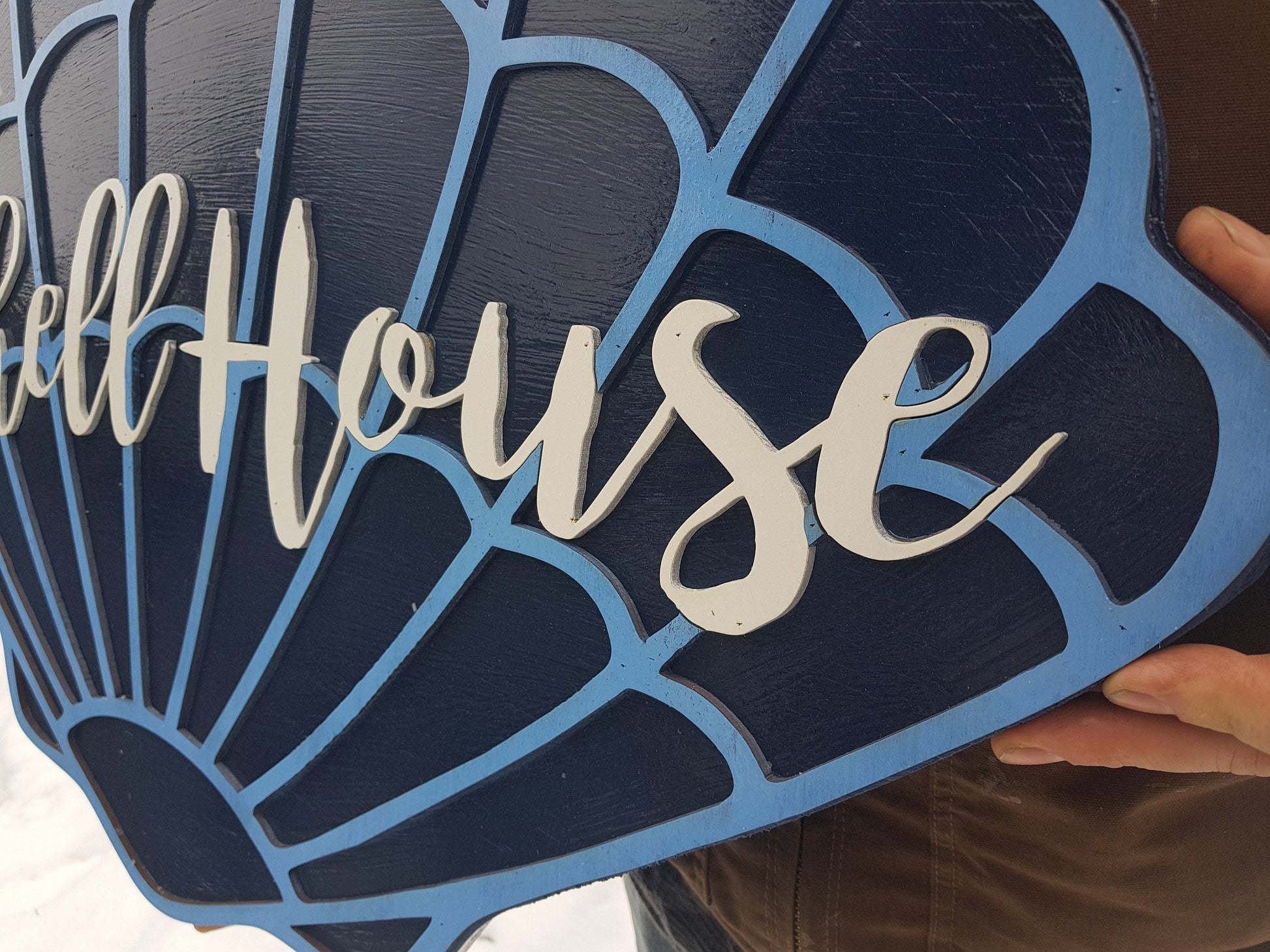 Custom Beach Wood Sign Shell Contour Ocean Nautical Sign Address Sign Raised Text Graphic 3D Large wood sign Commercial signage