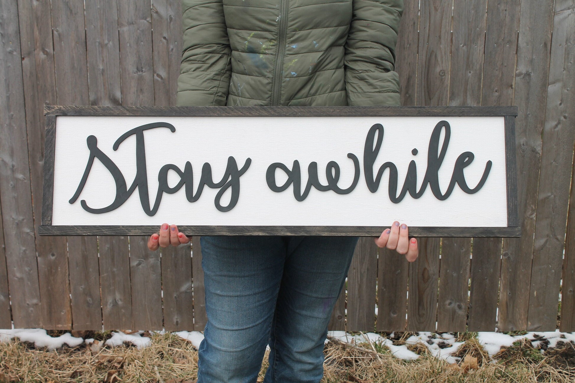 Stay Awhile, Guest Room Sign, Bed Sign, Couch Sign, Large, Over Sized Rustic, Primitive, Shabby Chic, Raised Text, 3D, Wood