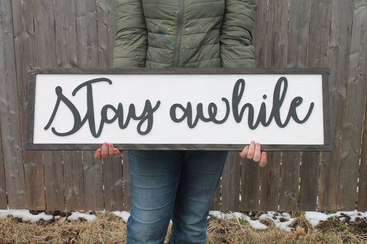 Stay Awhile, Guest Room Sign, Bed Sign, Couch Sign, Large, Over Sized Rustic, Primitive, Shabby Chic, Raised Text, 3D, Wood