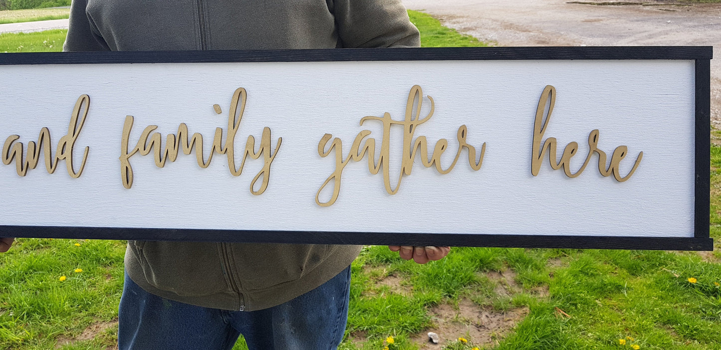 Large Wood Signage Dining Friends & Family Gold Gather Here Close Family Couch Sign Shabby Chic Raised Letter Over-sized 3D Kitchen Hostess