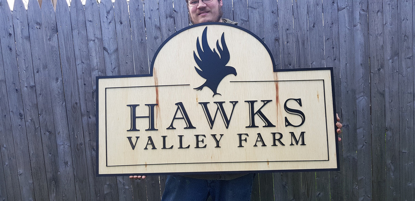 Large Custom Wooden Farm Sign Entrance Commerical Signage Logo Emblem Family Name Homestead Rustic Laser Cut Handmade Hawk Contour Business