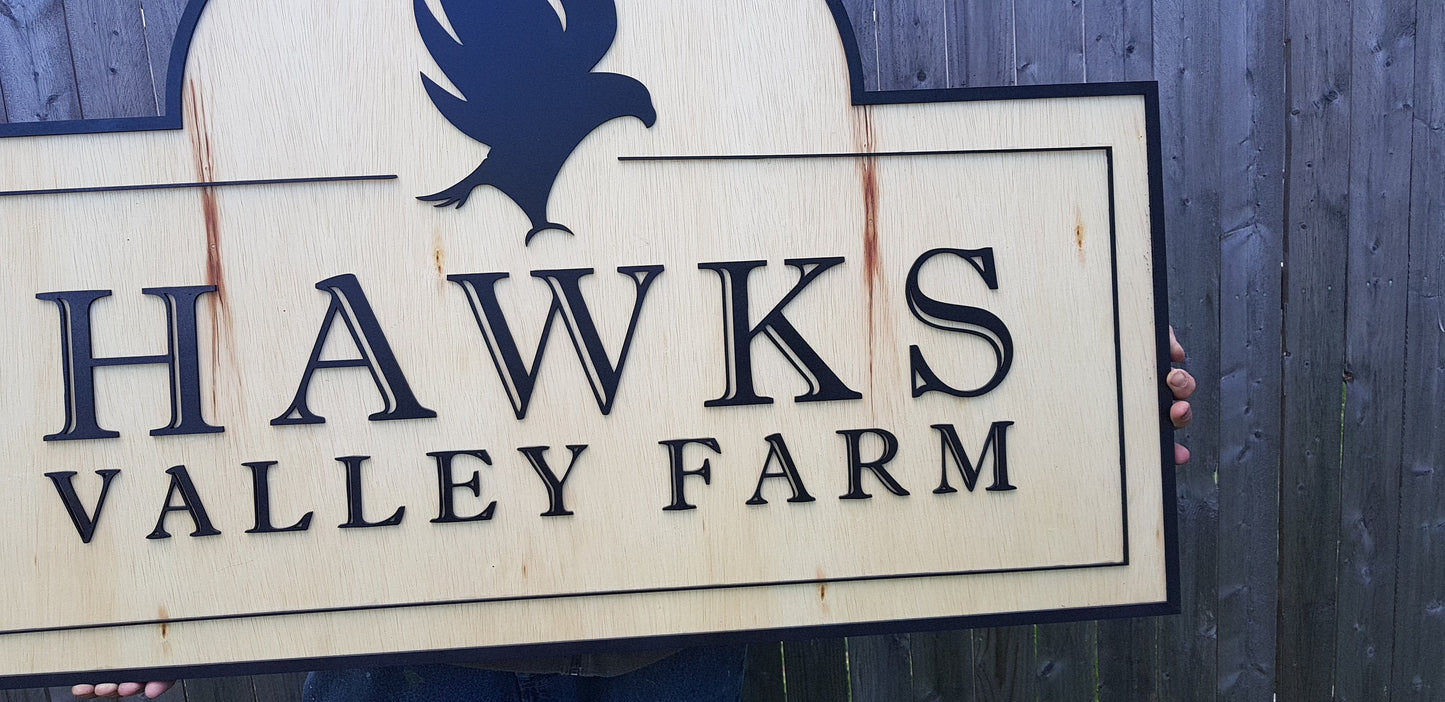 Large Custom Wooden Farm Sign Entrance Commerical Signage Logo Emblem Family Name Homestead Rustic Laser Cut Handmade Hawk Contour Business