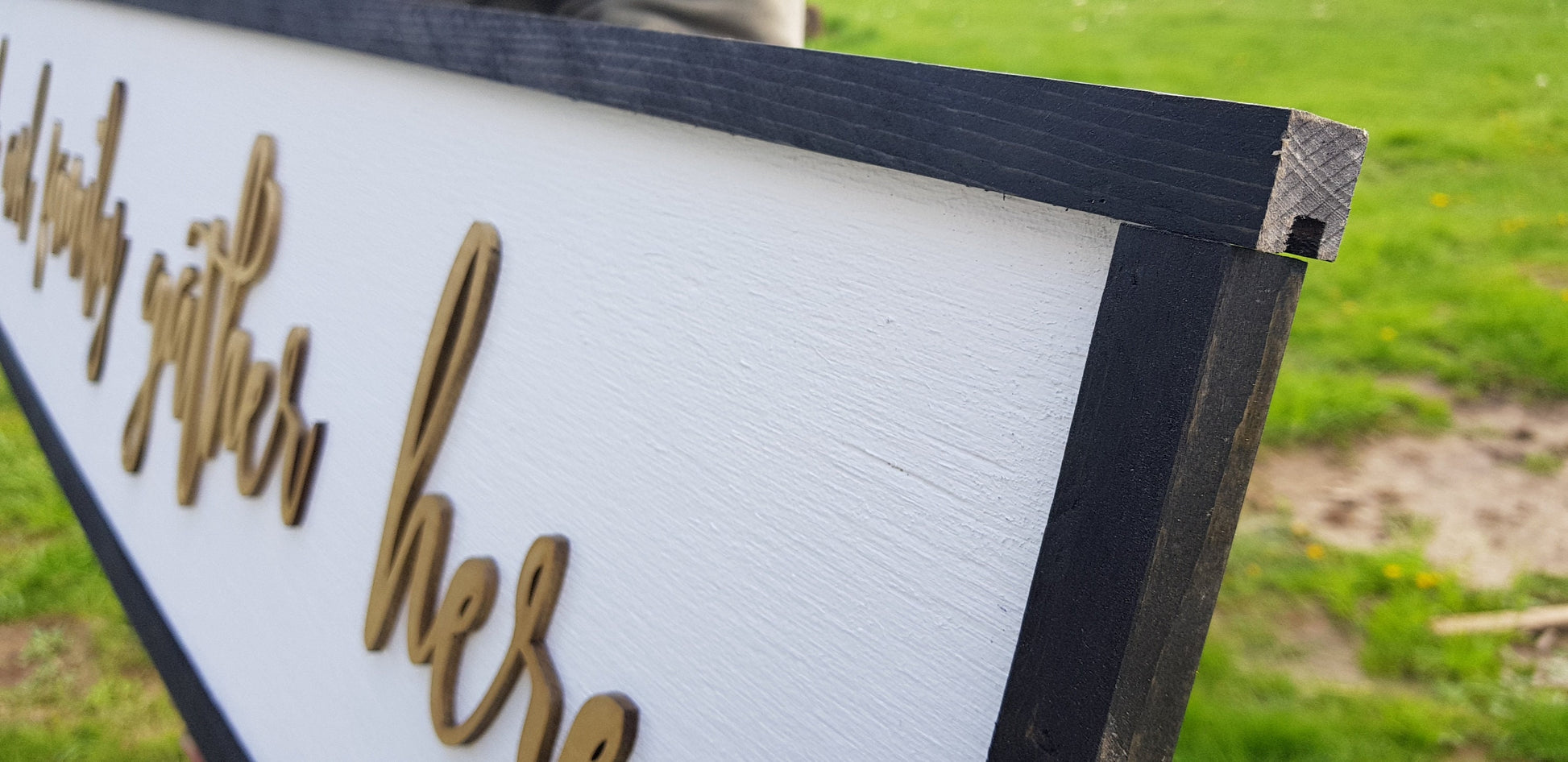 Large Wood Signage Dining Friends & Family Gold Gather Here Close Family Couch Sign Shabby Chic Raised Letter Over-sized 3D Kitchen Hostess