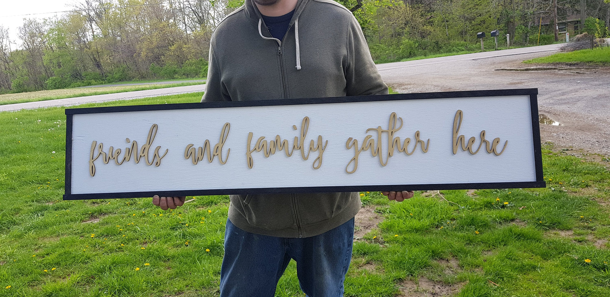 Large Wood Signage Dining Friends & Family Gold Gather Here Close Family Couch Sign Shabby Chic Raised Letter Over-sized 3D Kitchen Hostess