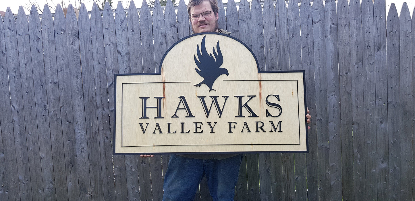 Large Custom Wooden Farm Sign Entrance Commerical Signage Logo Emblem Family Name Homestead Rustic Laser Cut Handmade Hawk Contour Business