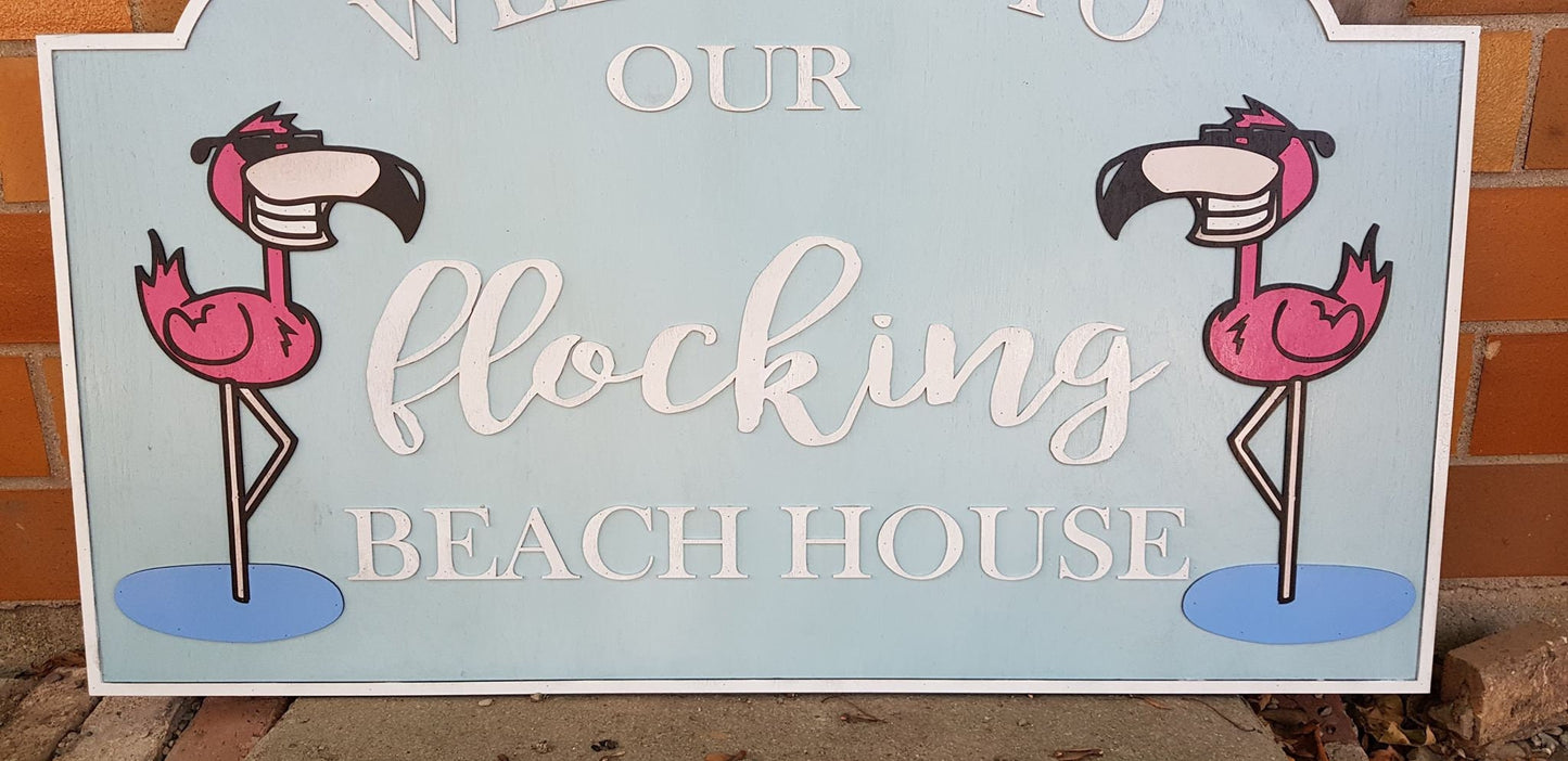Beach House Sign Flamingo Entrance Sign Large Custom Sign Address Sign Welcome Sign Wood Laser Cut Out 3D Extra Large