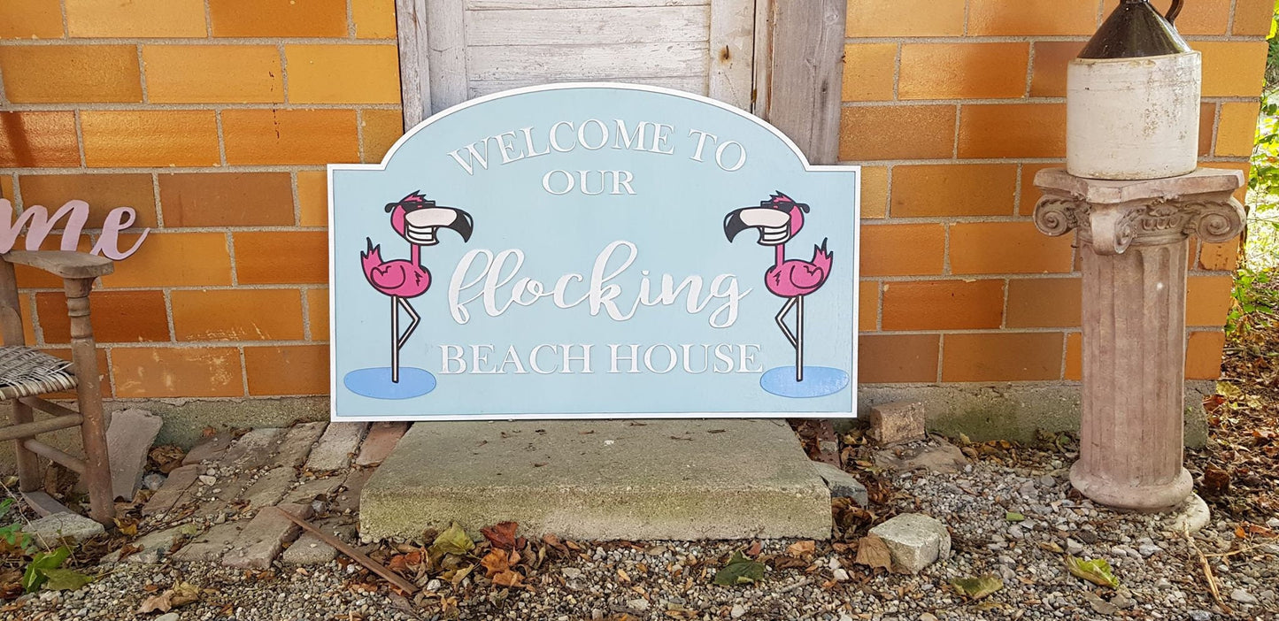 Beach House Sign Flamingo Entrance Sign Large Custom Sign Address Sign Welcome Sign Wood Laser Cut Out 3D Extra Large