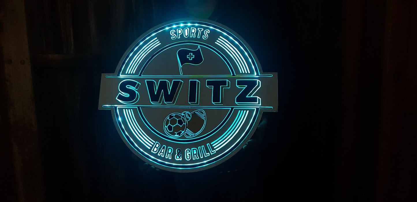 led lit custom wood sign. like a Neon light personalized to your logo or saying bar light