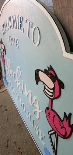 Beach House Sign Flamingo Entrance Sign Large Custom Sign Address Sign Welcome Sign Wood Laser Cut Out 3D Extra Large