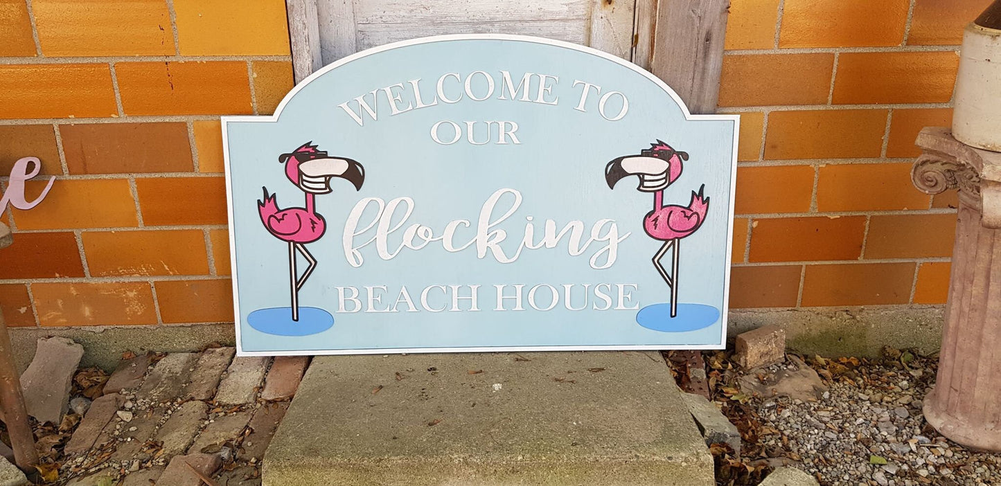 Beach House Sign Flamingo Entrance Sign Large Custom Sign Address Sign Welcome Sign Wood Laser Cut Out 3D Extra Large