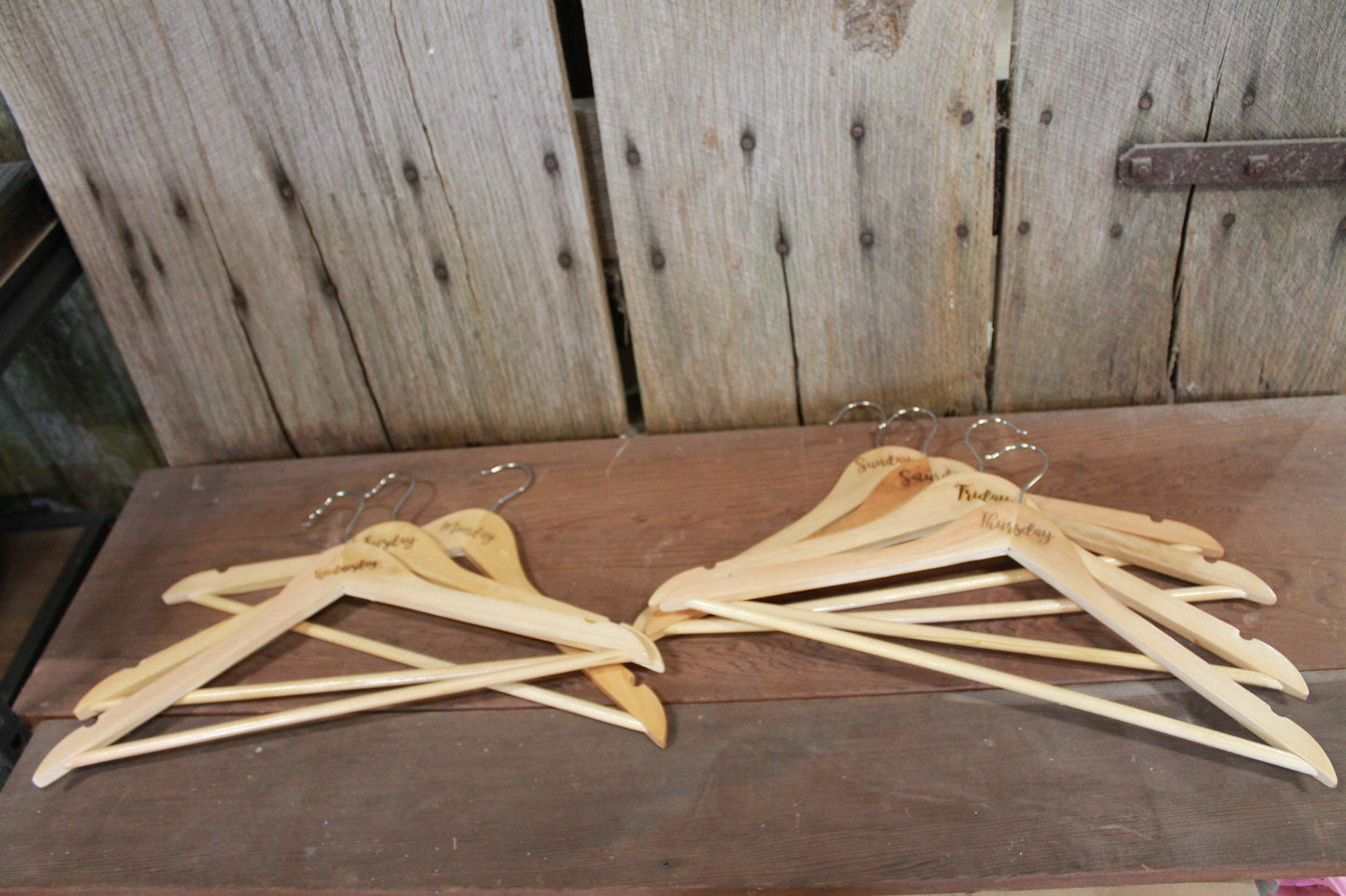 Days of the Week Set of 7 Engraved Wooden Clothes Hangers Sturdy Monday through Sunday Wood Custom