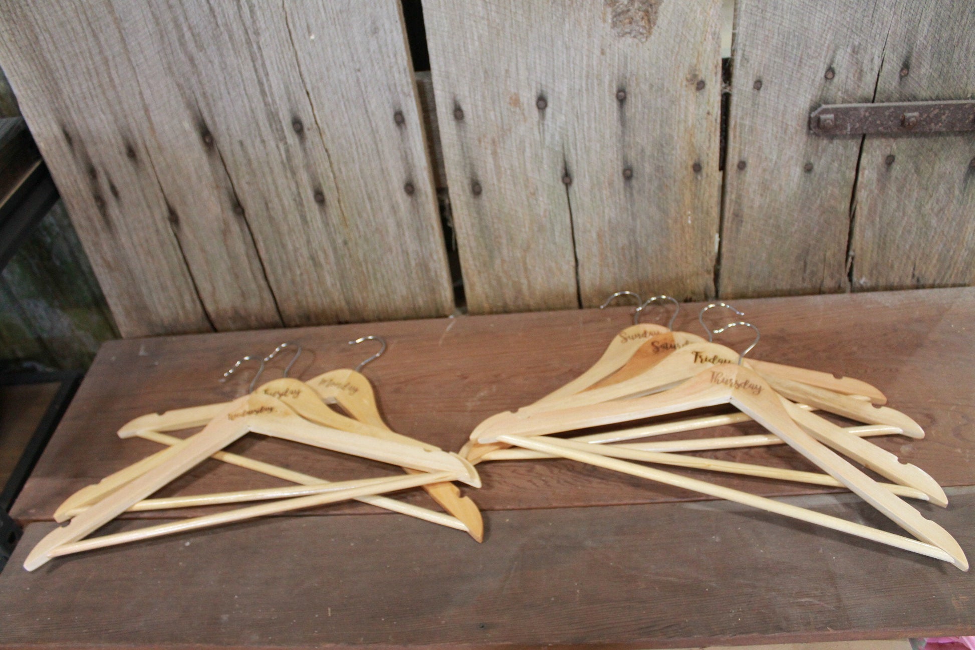 Days of the Week Set of 7 Engraved Wooden Clothes Hangers Sturdy Monday through Sunday Wood Custom