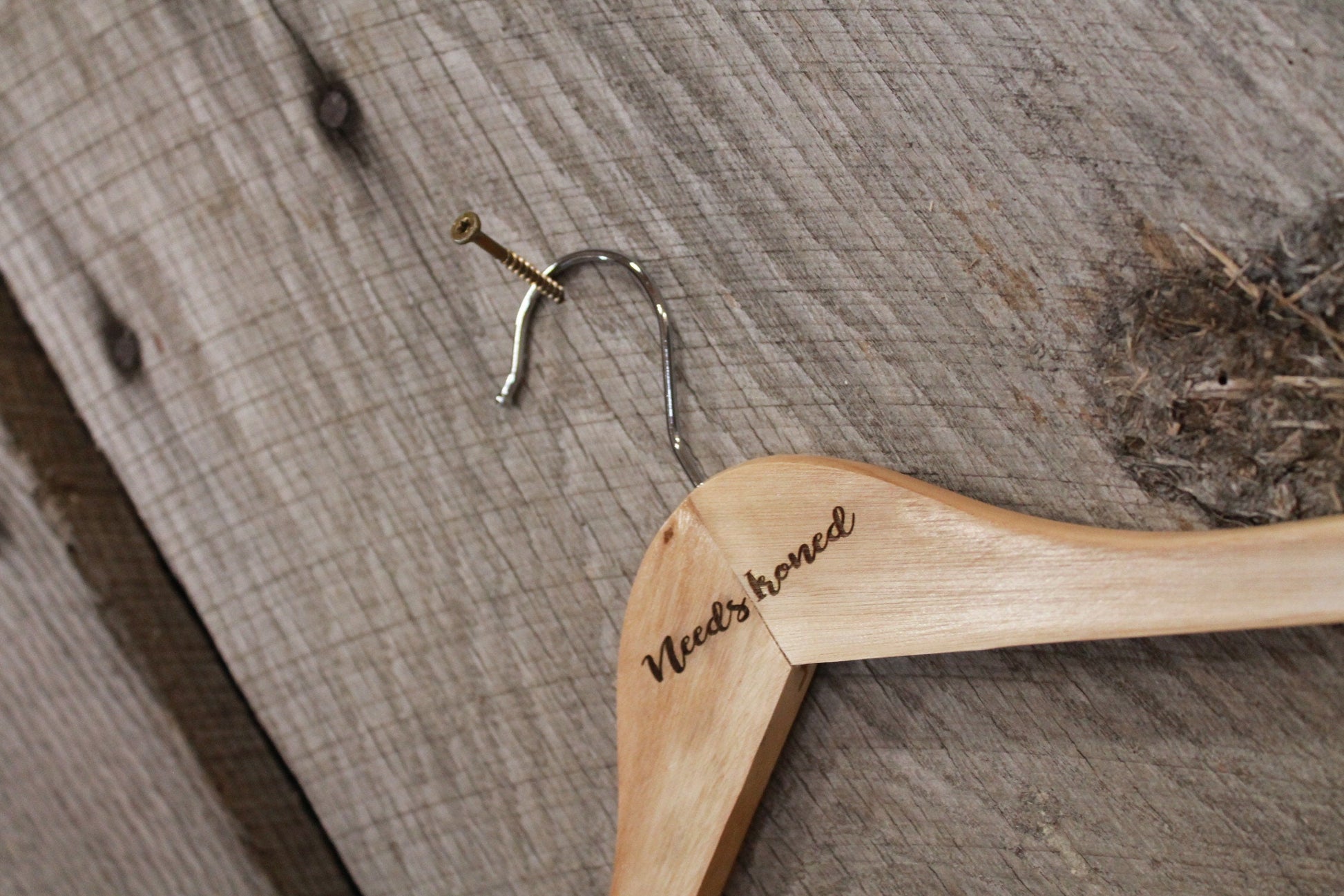 Needs Ironed Iron Clothes Hanger Engraved Hard Wood Sturdy Note Message Organization Wash Laundry Room