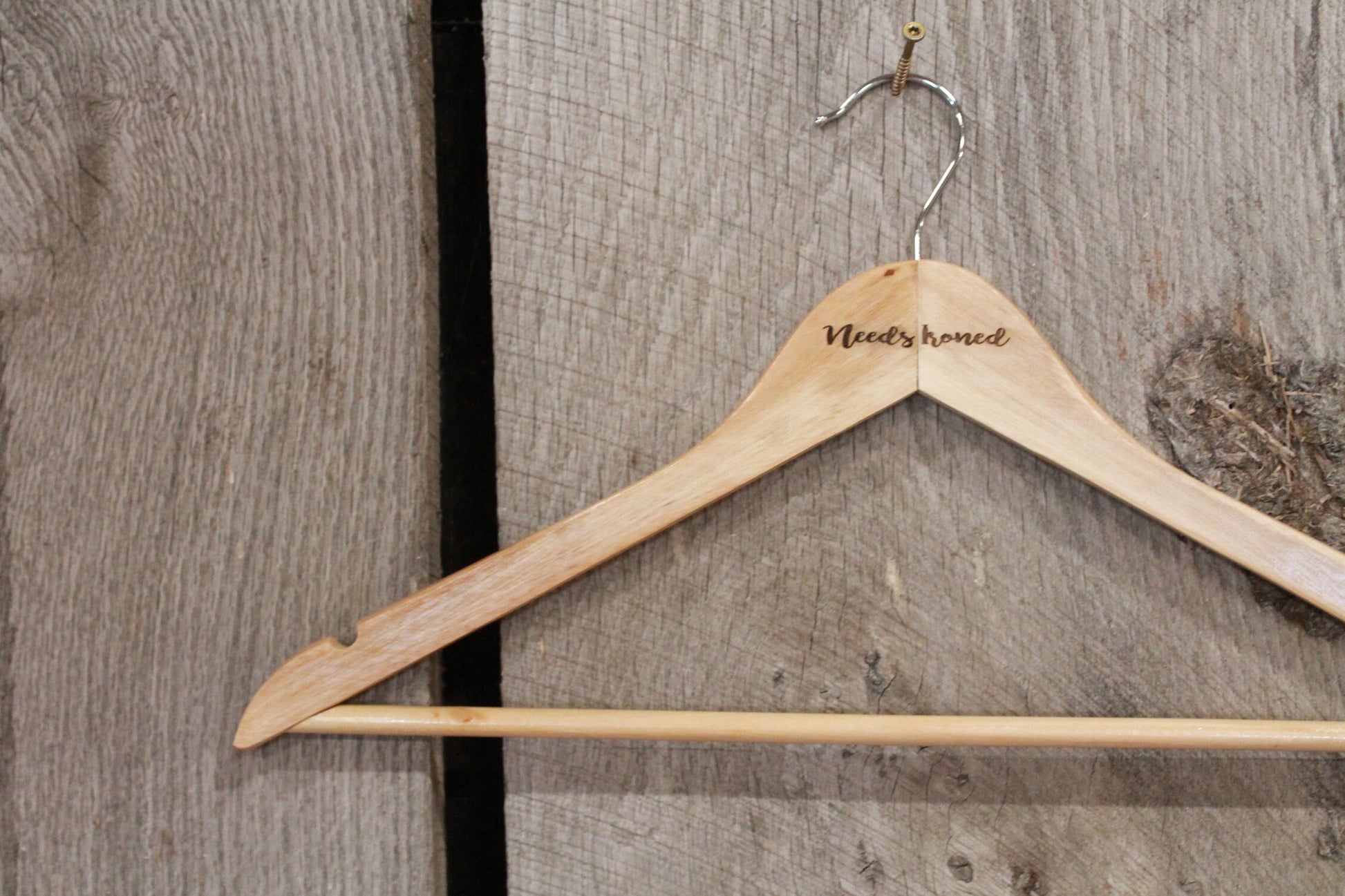 Needs Ironed Iron Clothes Hanger Engraved Hard Wood Sturdy Note Message Organization Wash Laundry Room