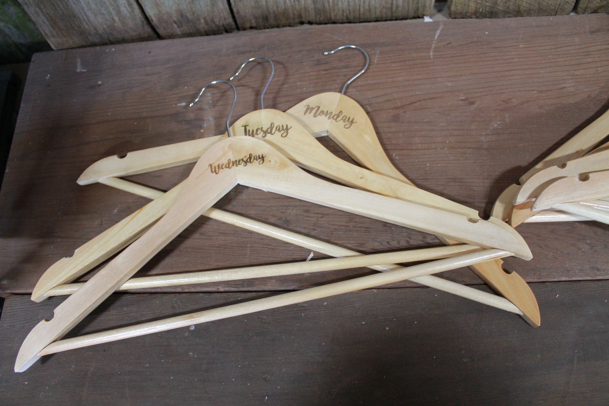 Days of the Week Set of 7 Engraved Wooden Clothes Hangers Sturdy Monday through Sunday Wood Custom