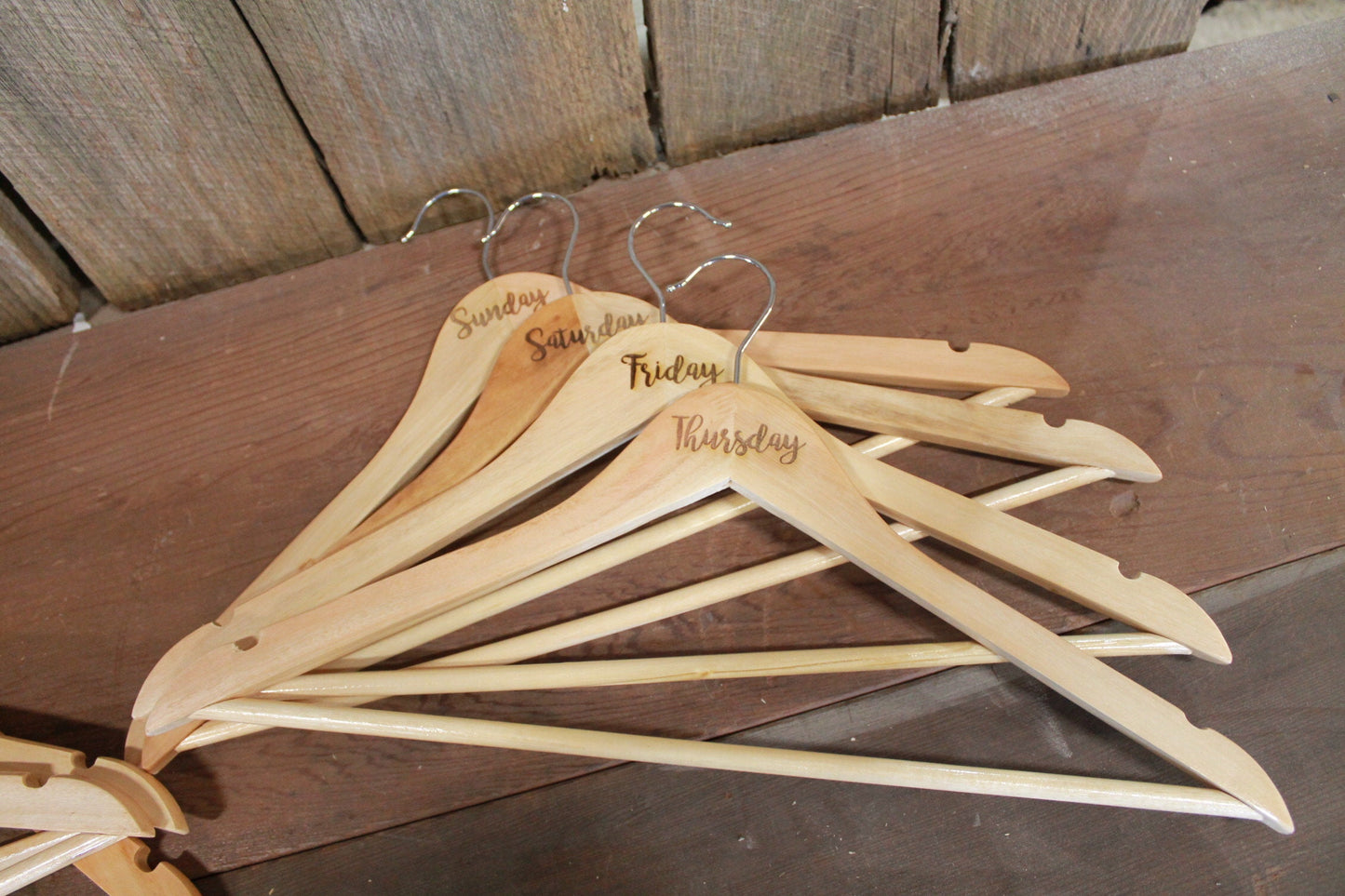 Days of the Week Set of 7 Engraved Wooden Clothes Hangers Sturdy Monday through Sunday Wood Custom