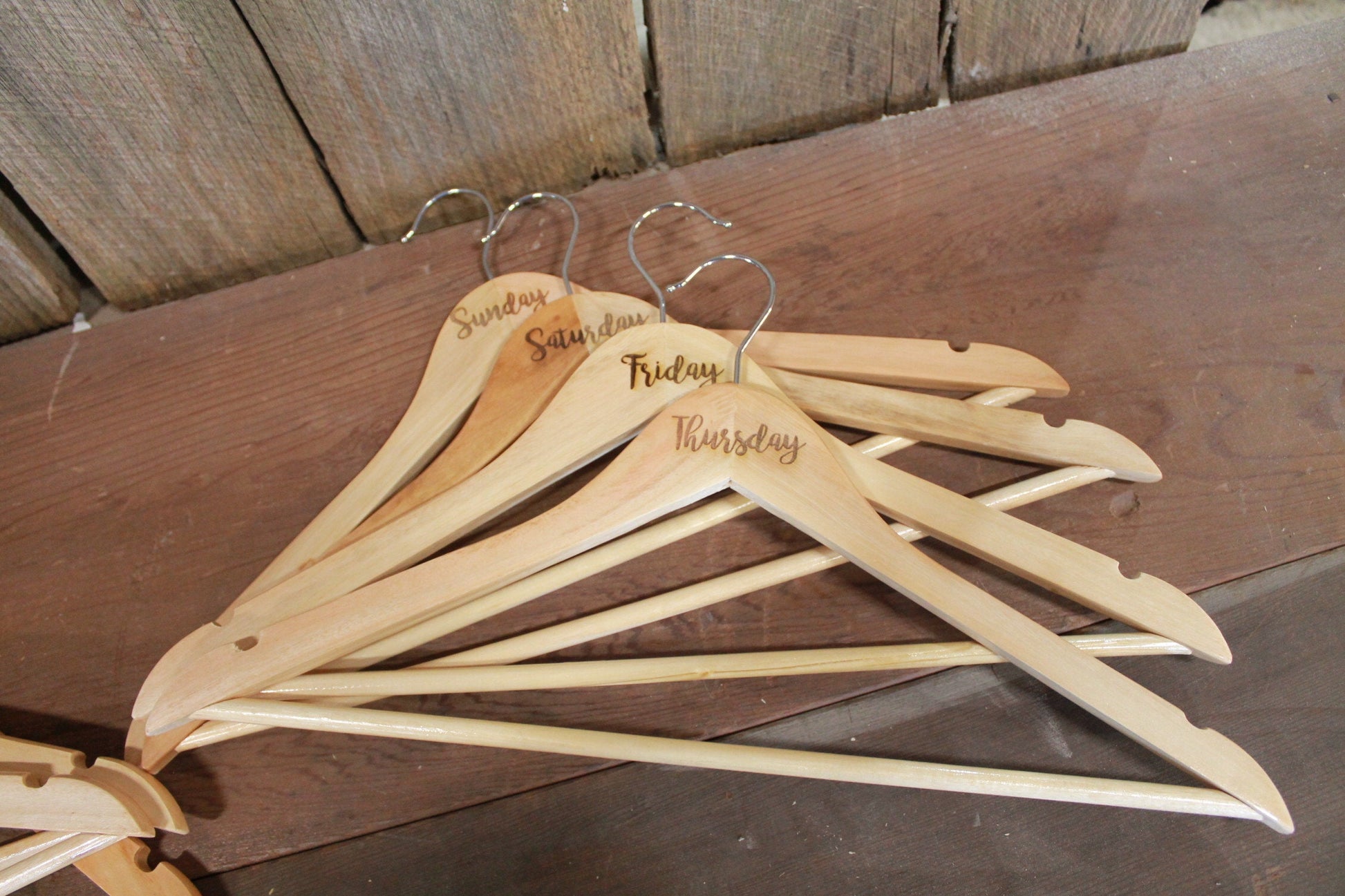 Days of the Week Set of 7 Engraved Wooden Clothes Hangers Sturdy Monday through Sunday Wood Custom