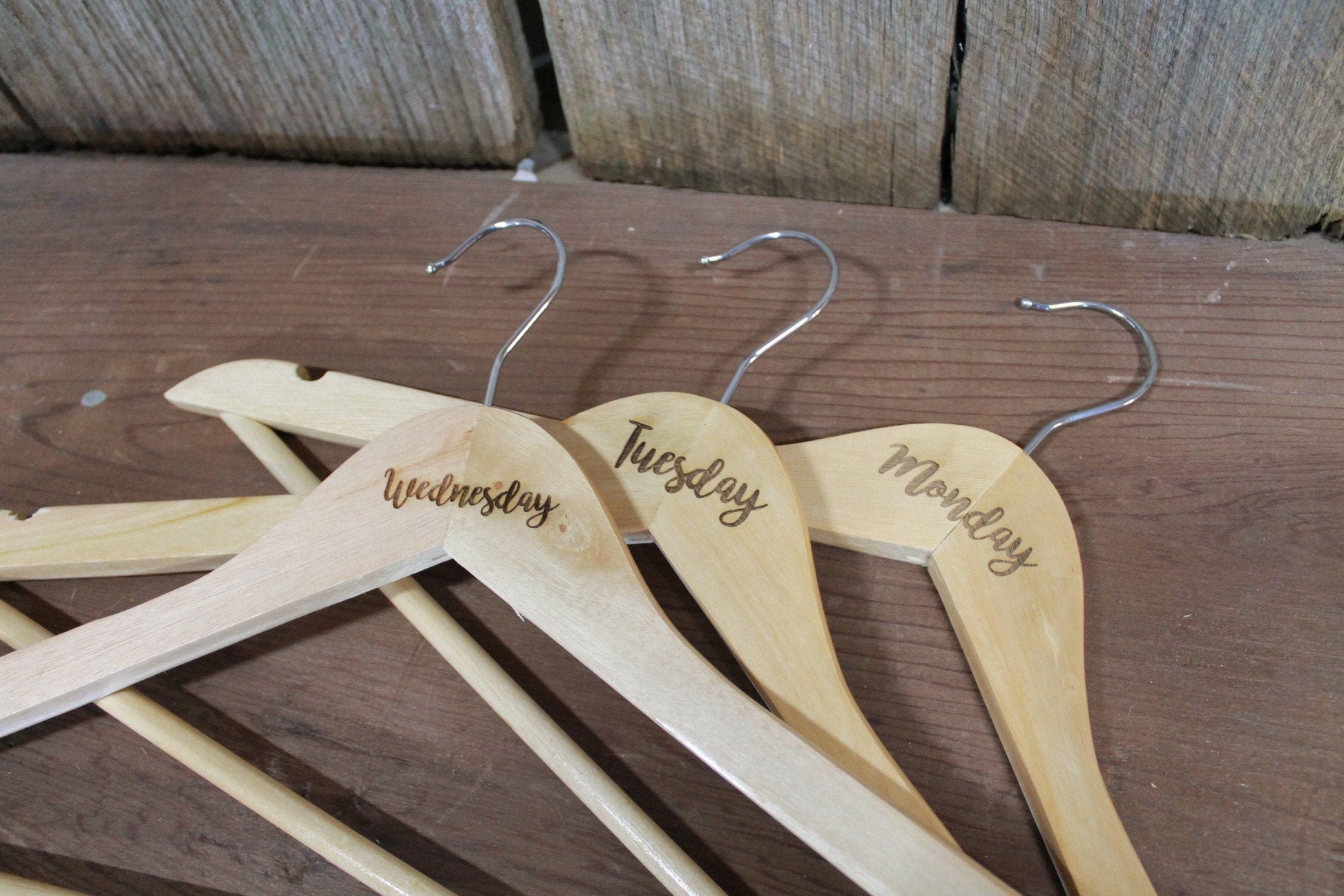 Days of the Week Set of 7 Engraved Wooden Clothes Hangers Sturdy Monday through Sunday Wood Custom